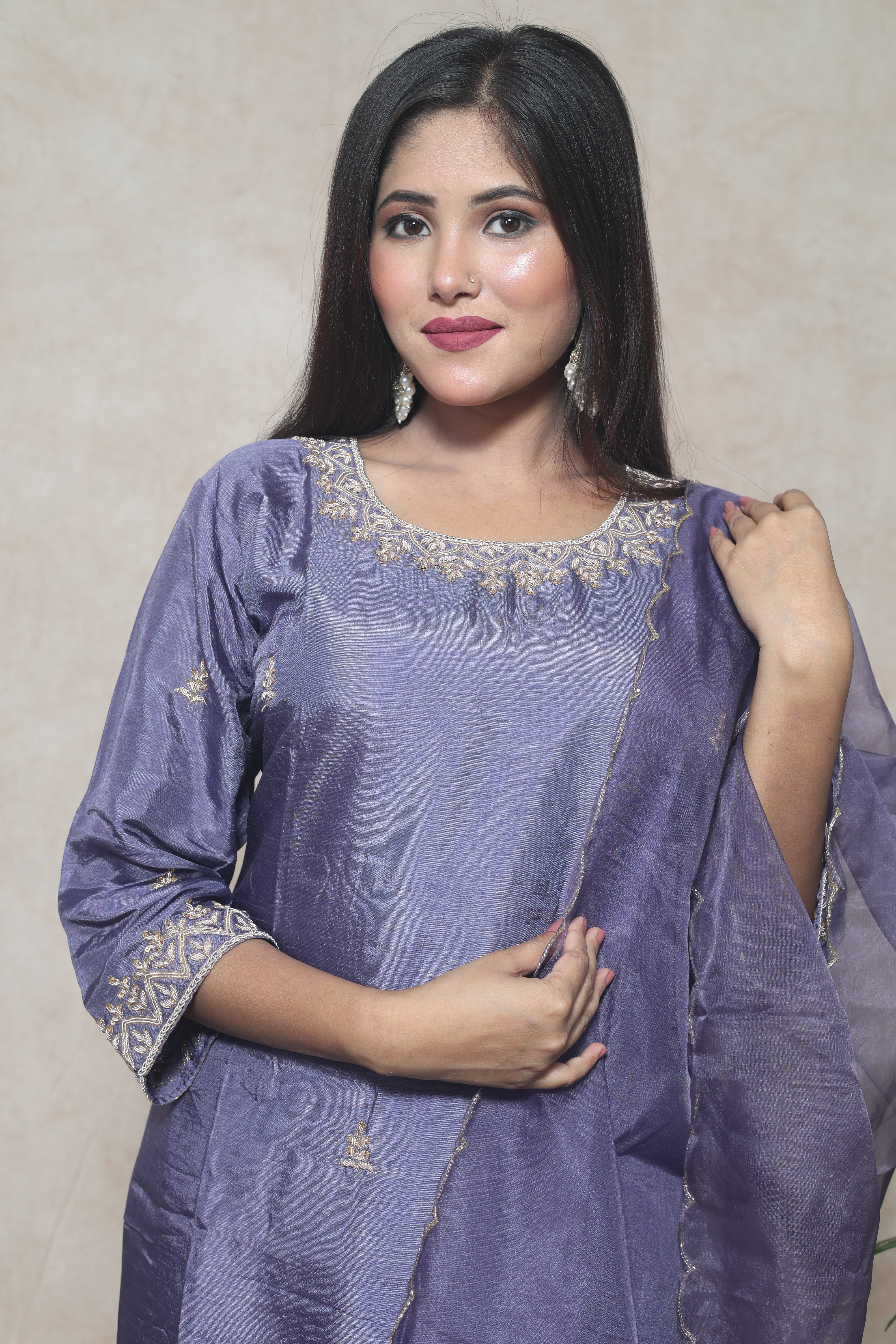 Lavender Color Dola Silk Handwork Suit Set