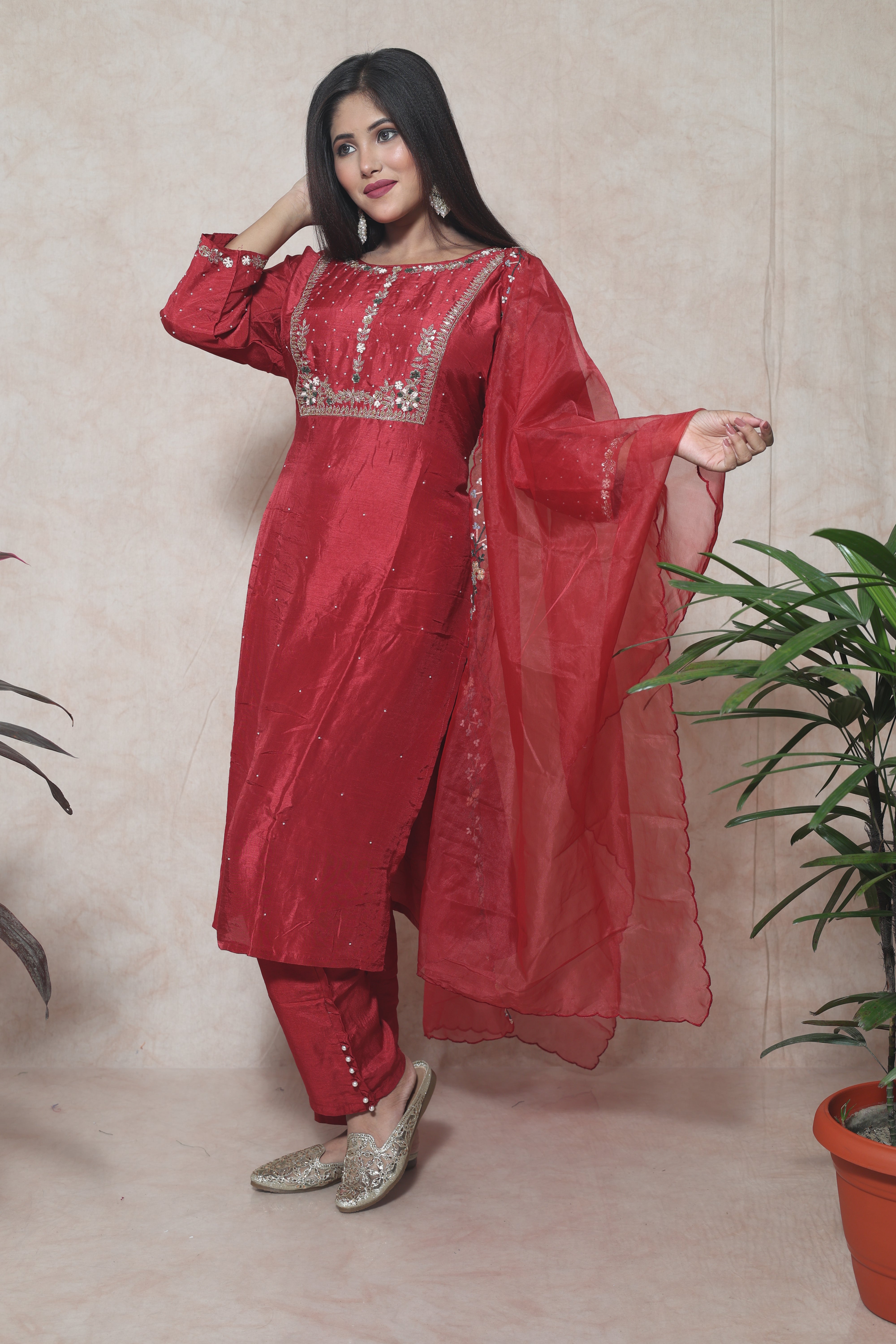Red Color Handwork Dola Silk Suit Set