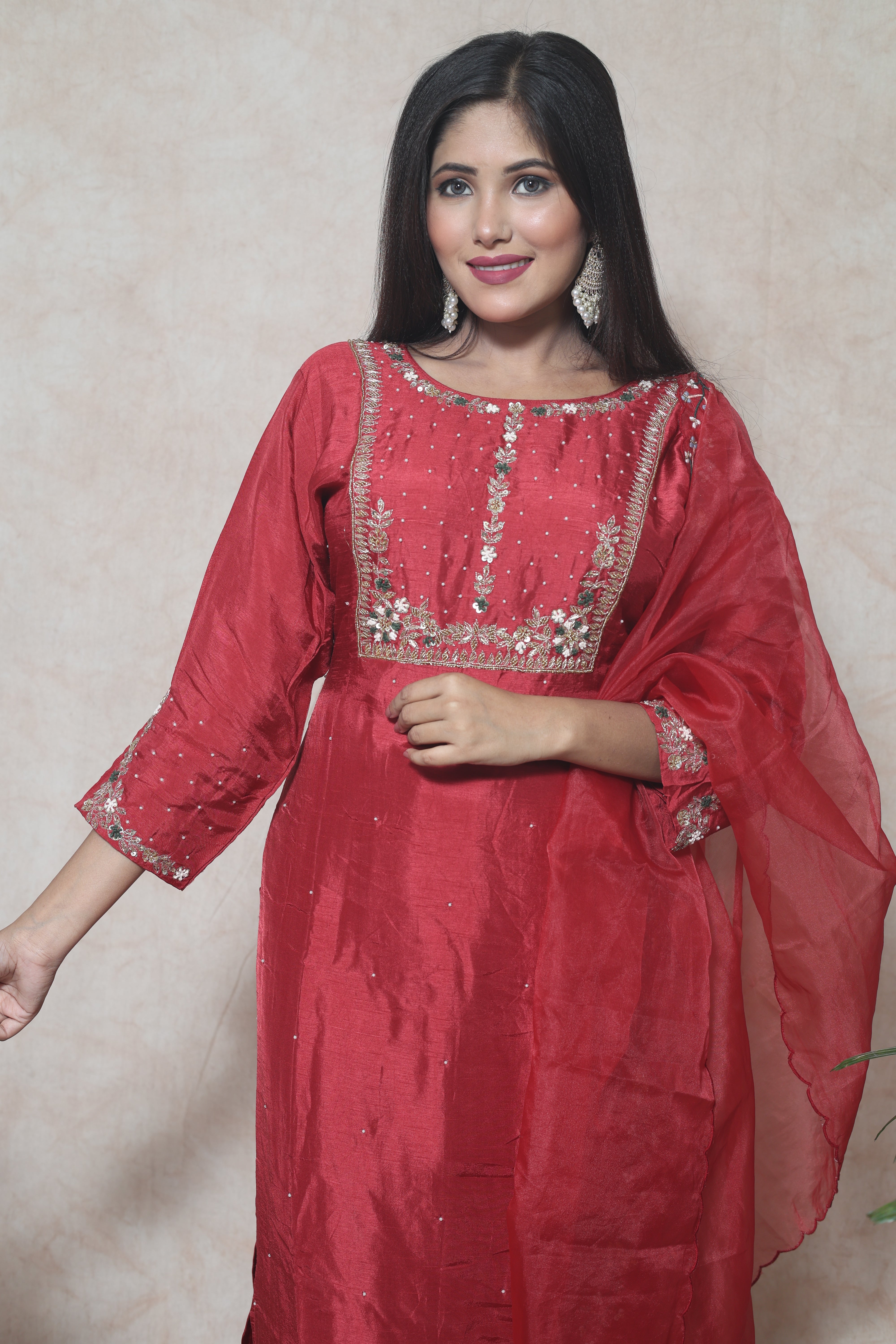 Red Color Handwork Dola Silk Suit Set