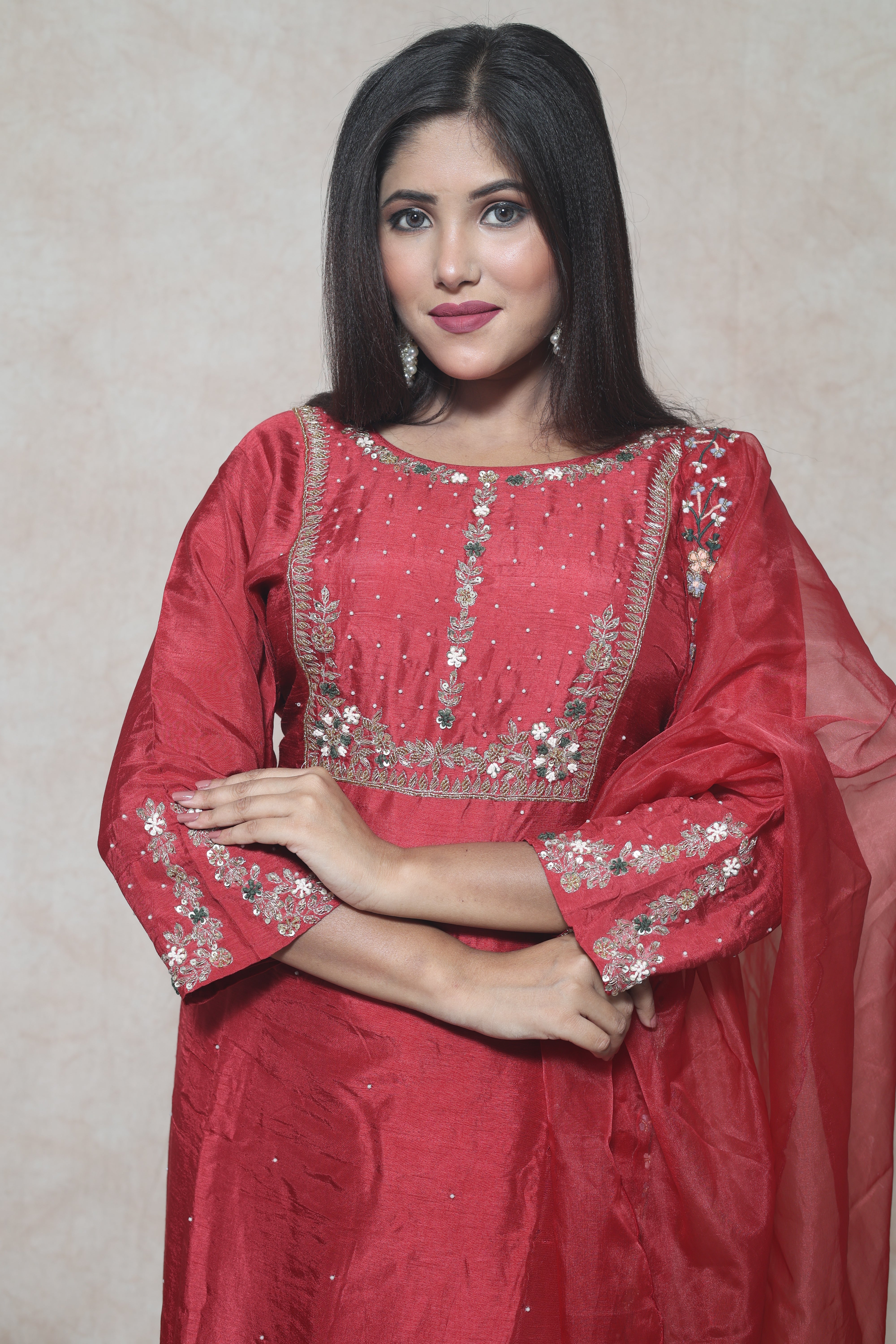 Red Color Handwork Dola Silk Suit Set