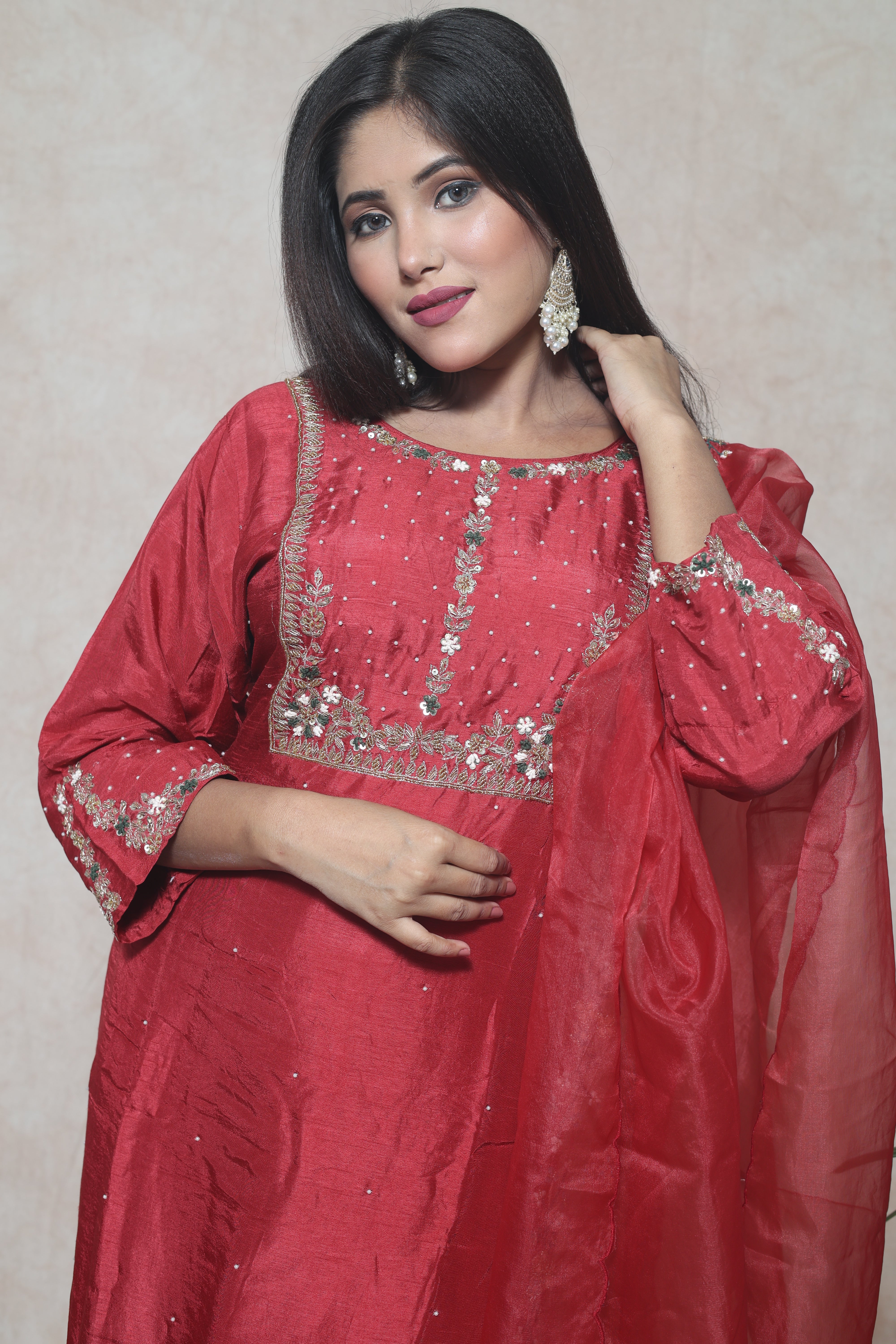 Red Color Handwork Dola Silk Suit Set