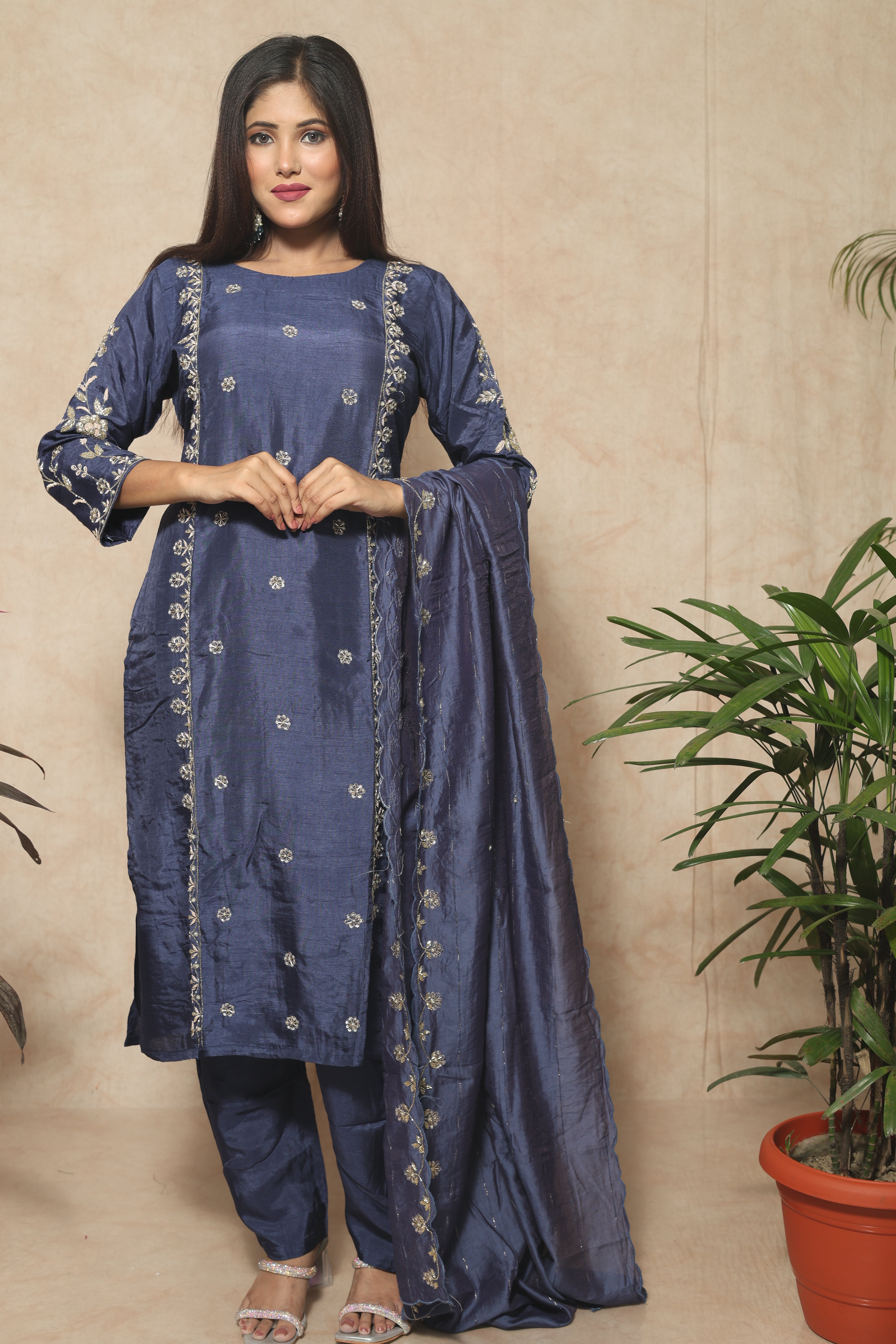 Blue Color Dola Silk Handwork Suit Set