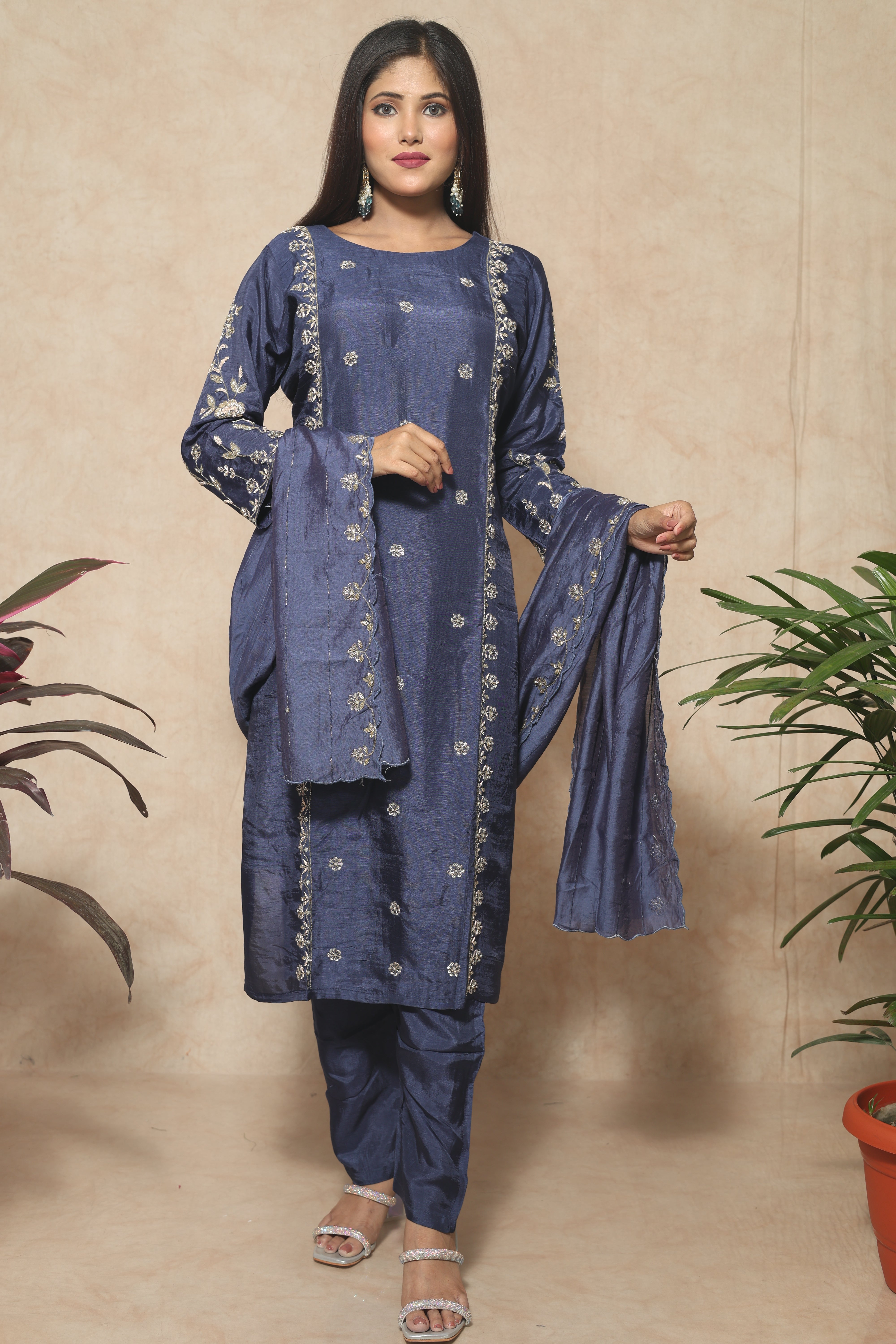 Blue Color Dola Silk Handwork Suit Set