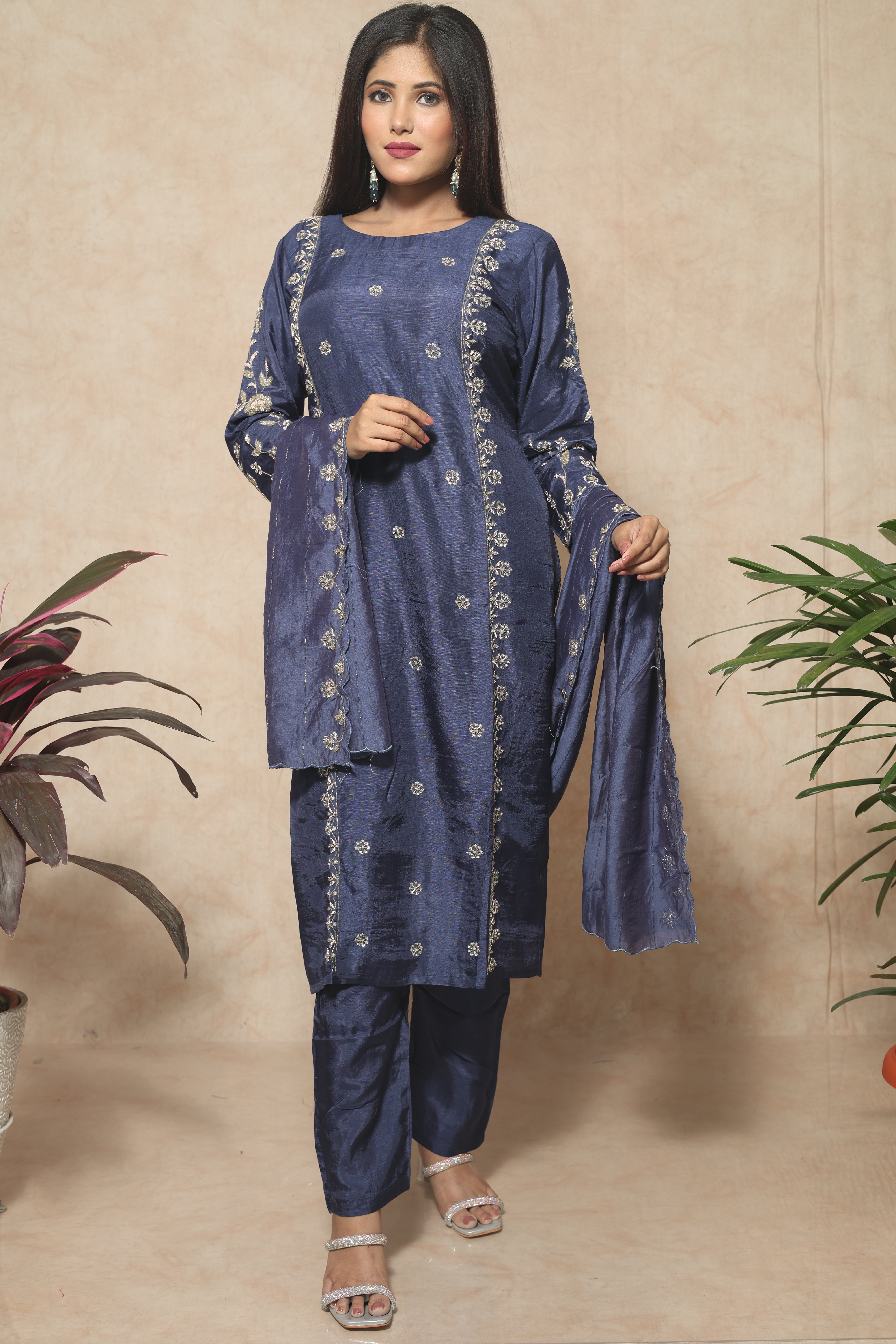 Blue Color Dola Silk Handwork Suit Set