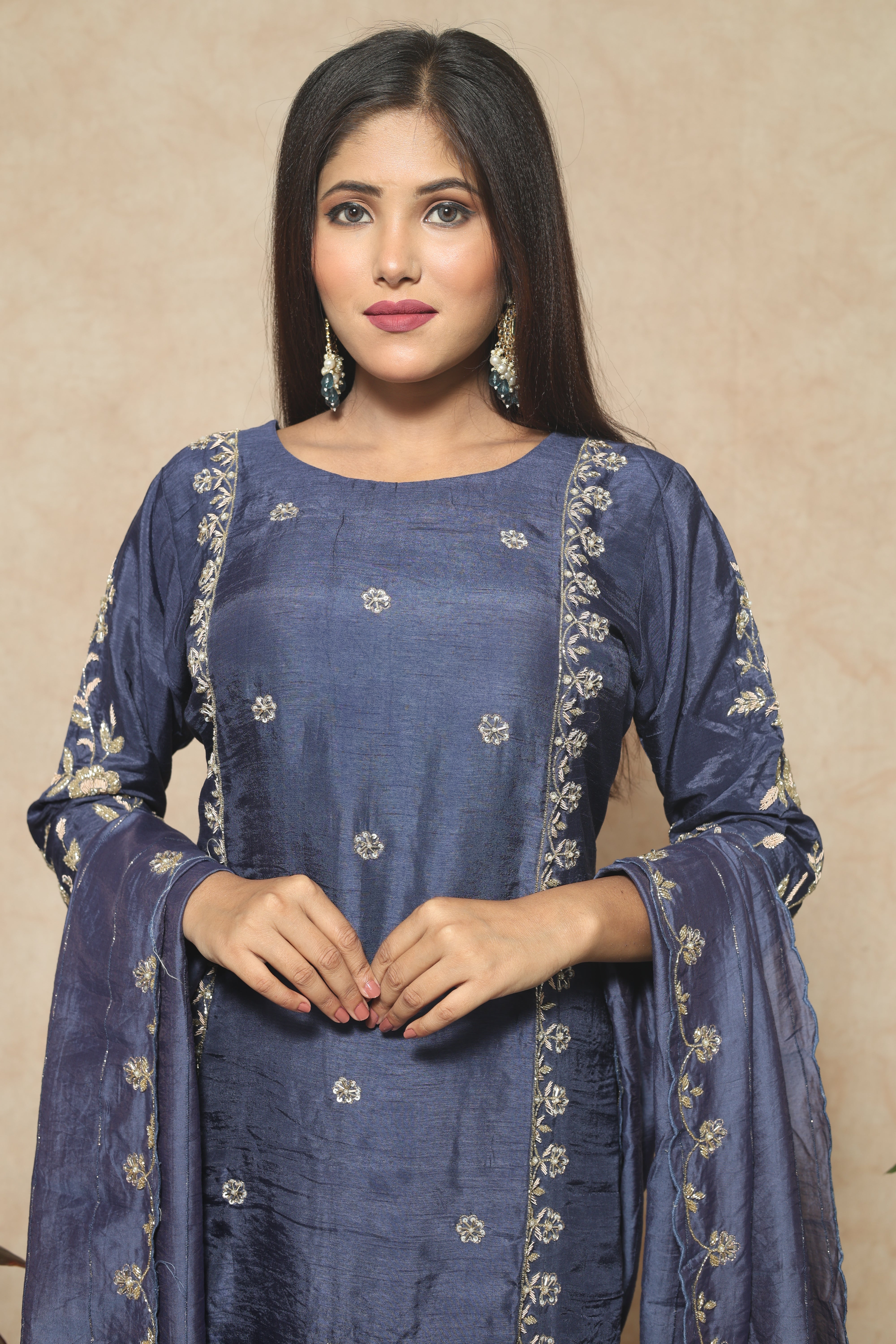 Blue Color Dola Silk Handwork Suit Set