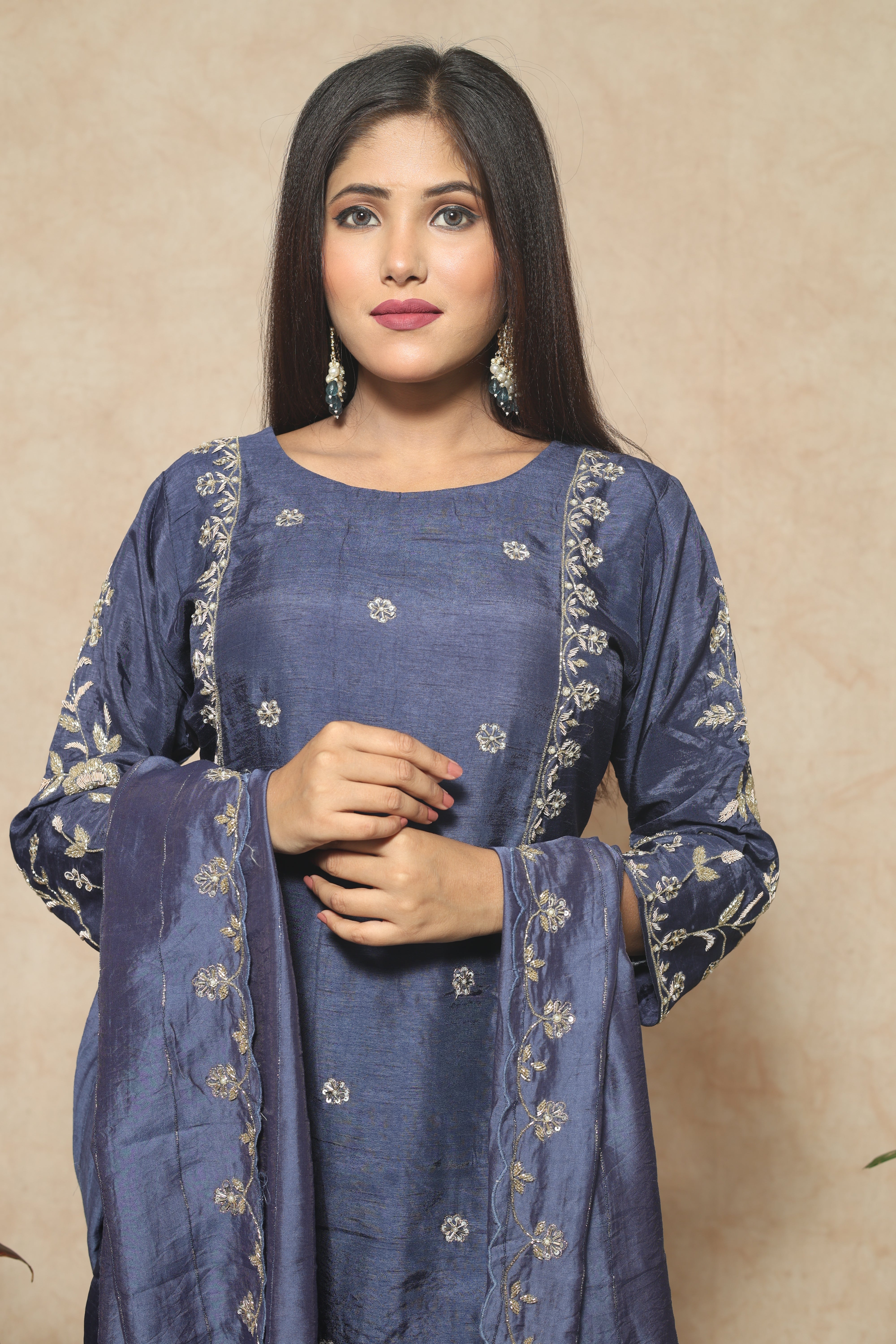 Blue Color Dola Silk Handwork Suit Set