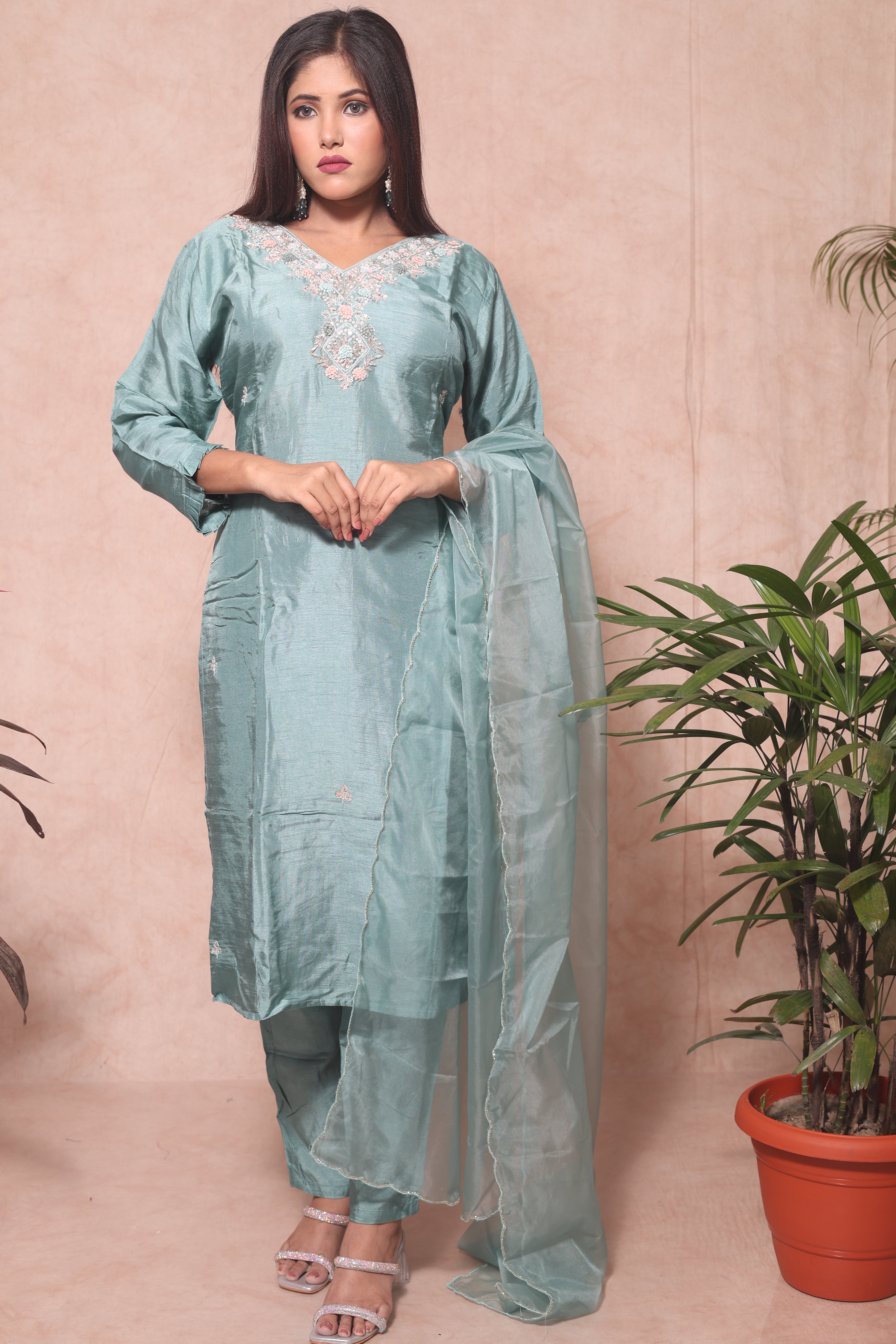 Pastel Green Color Handwork Dola Silk Suit Set