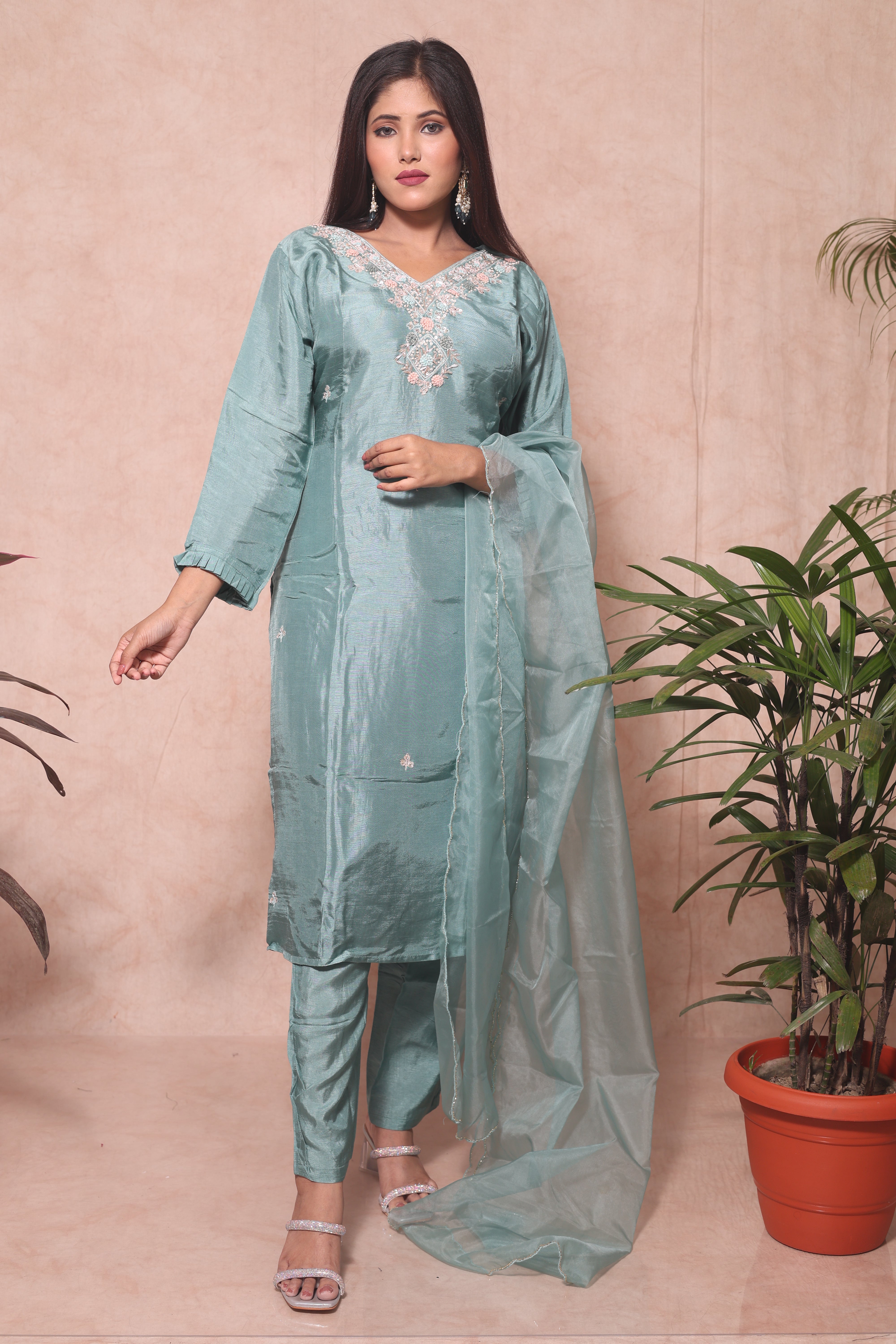 Pastel Green Color Handwork Dola Silk Suit Set