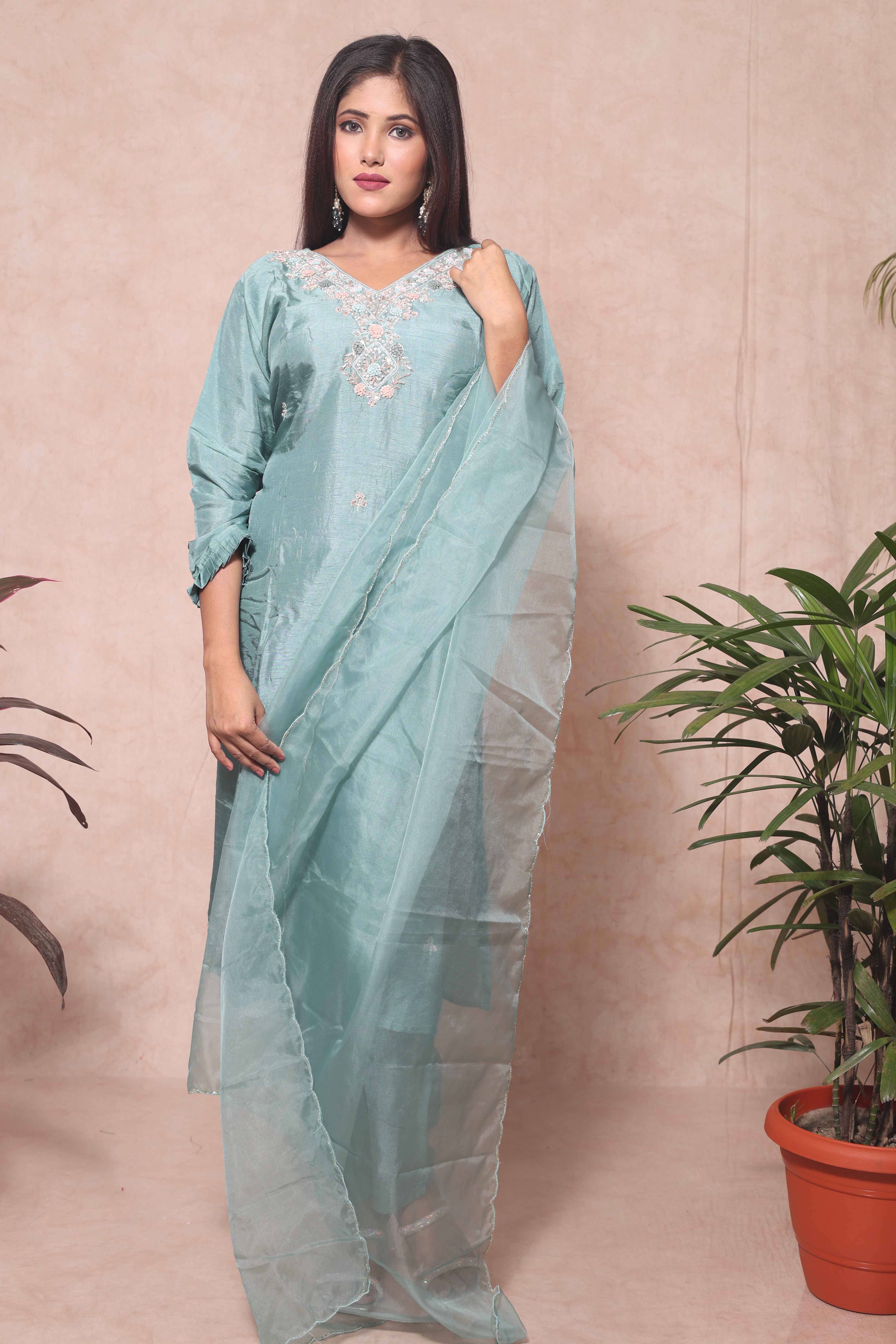 Pastel Green Color Handwork Dola Silk Suit Set