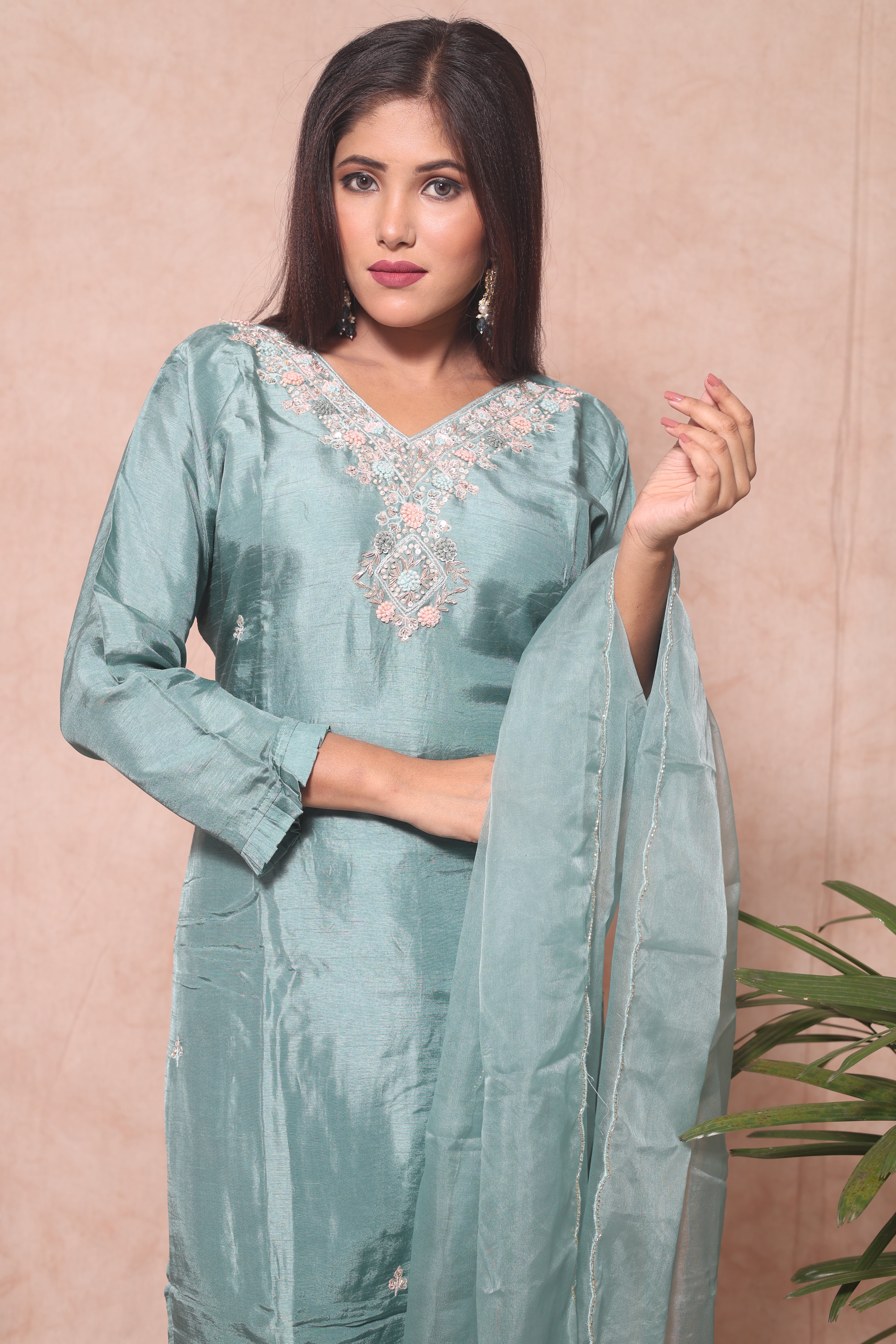 Pastel Green Color Handwork Dola Silk Suit Set