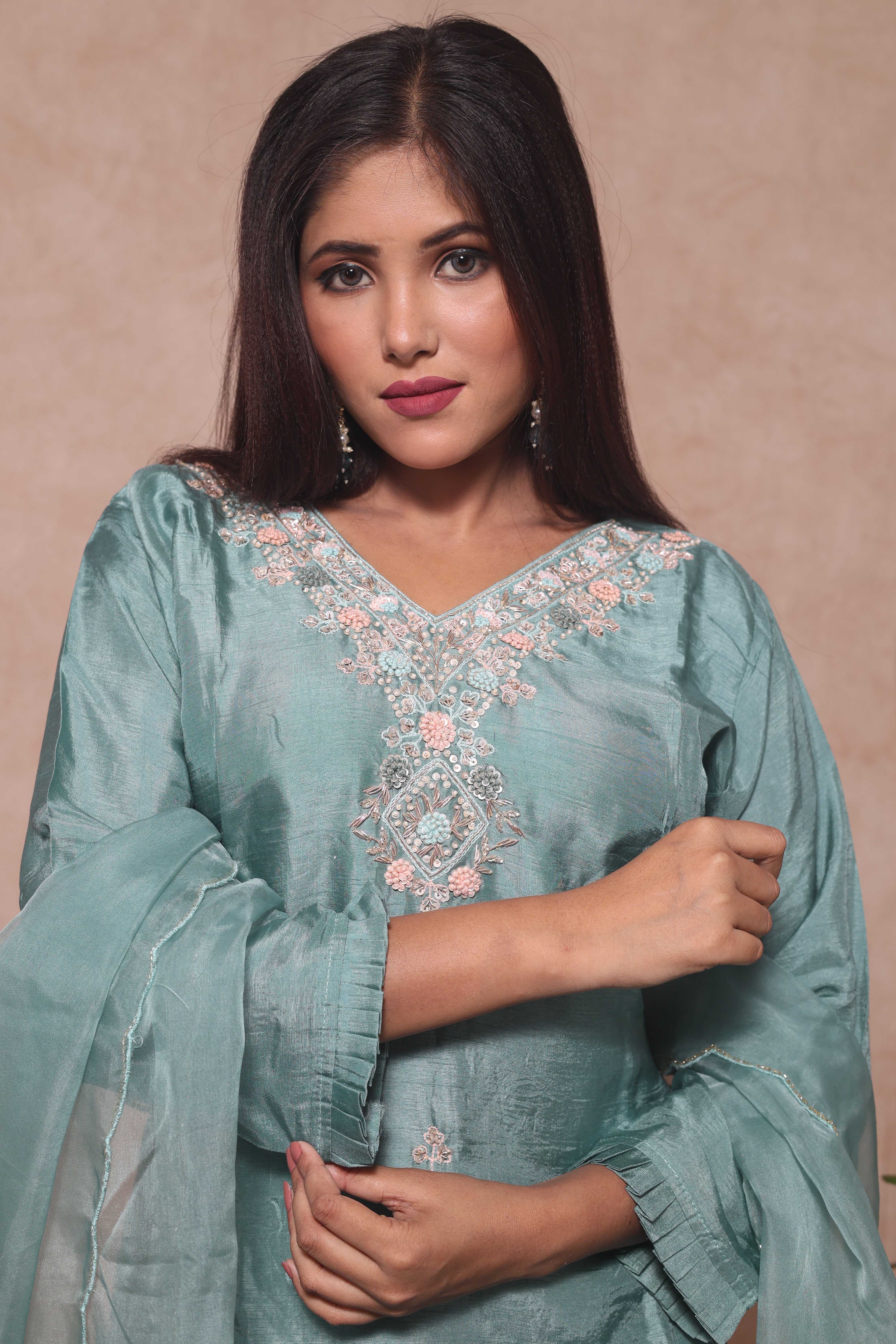 Pastel Green Color Handwork Dola Silk Suit Set