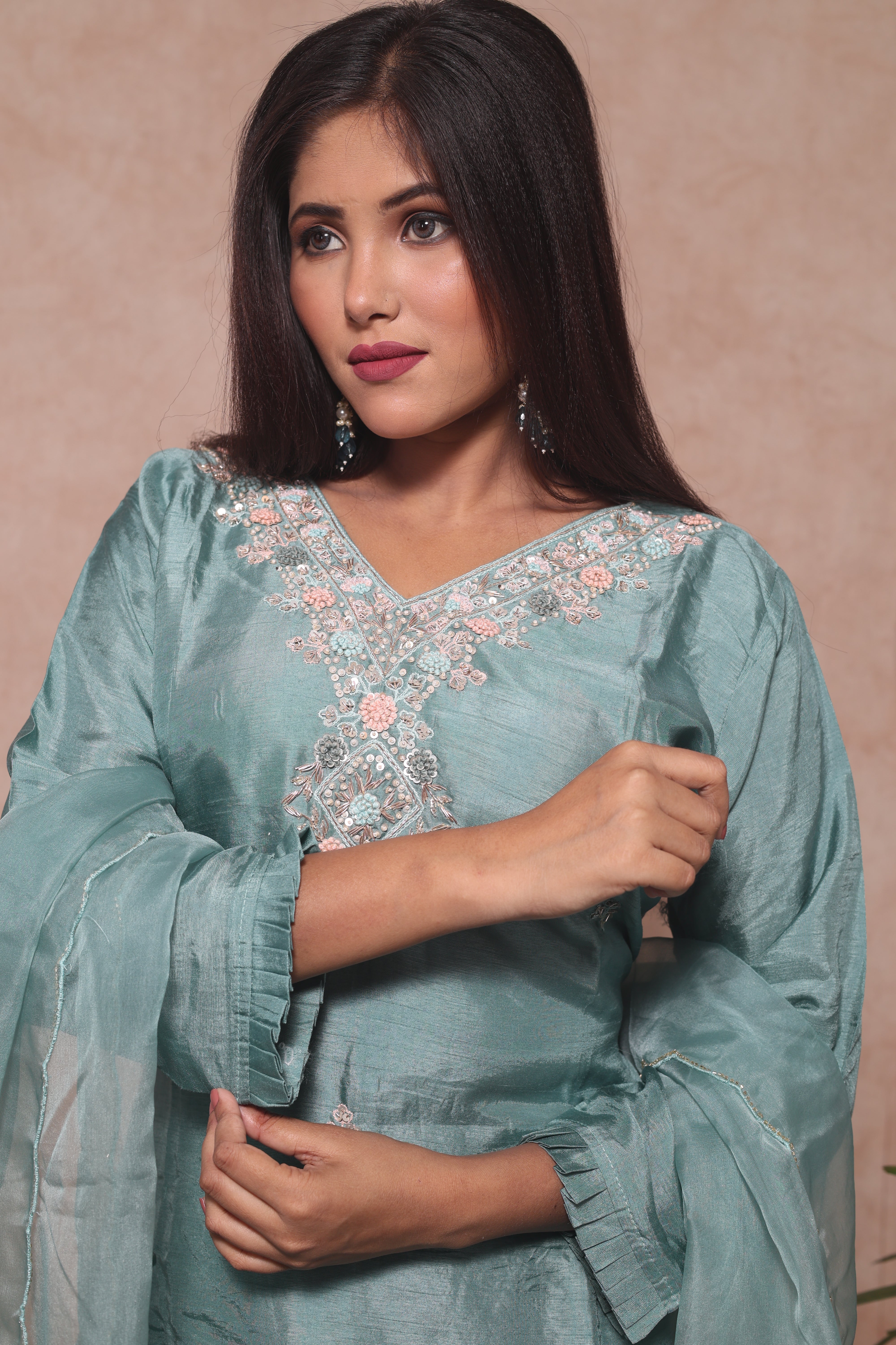 Pastel Green Color Handwork Dola Silk Suit Set