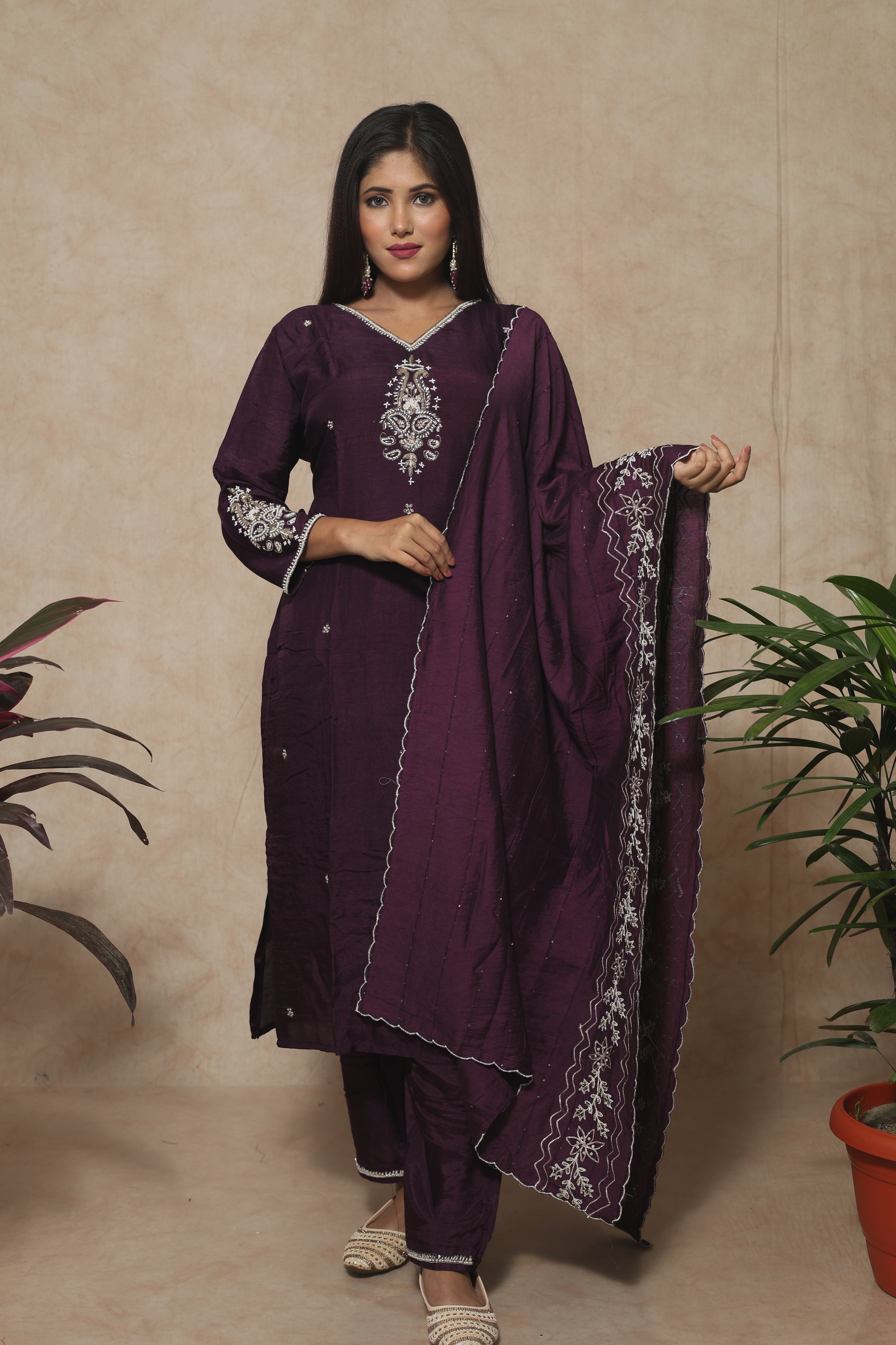 Plum color dola silk suit set featuring exquisite handwork