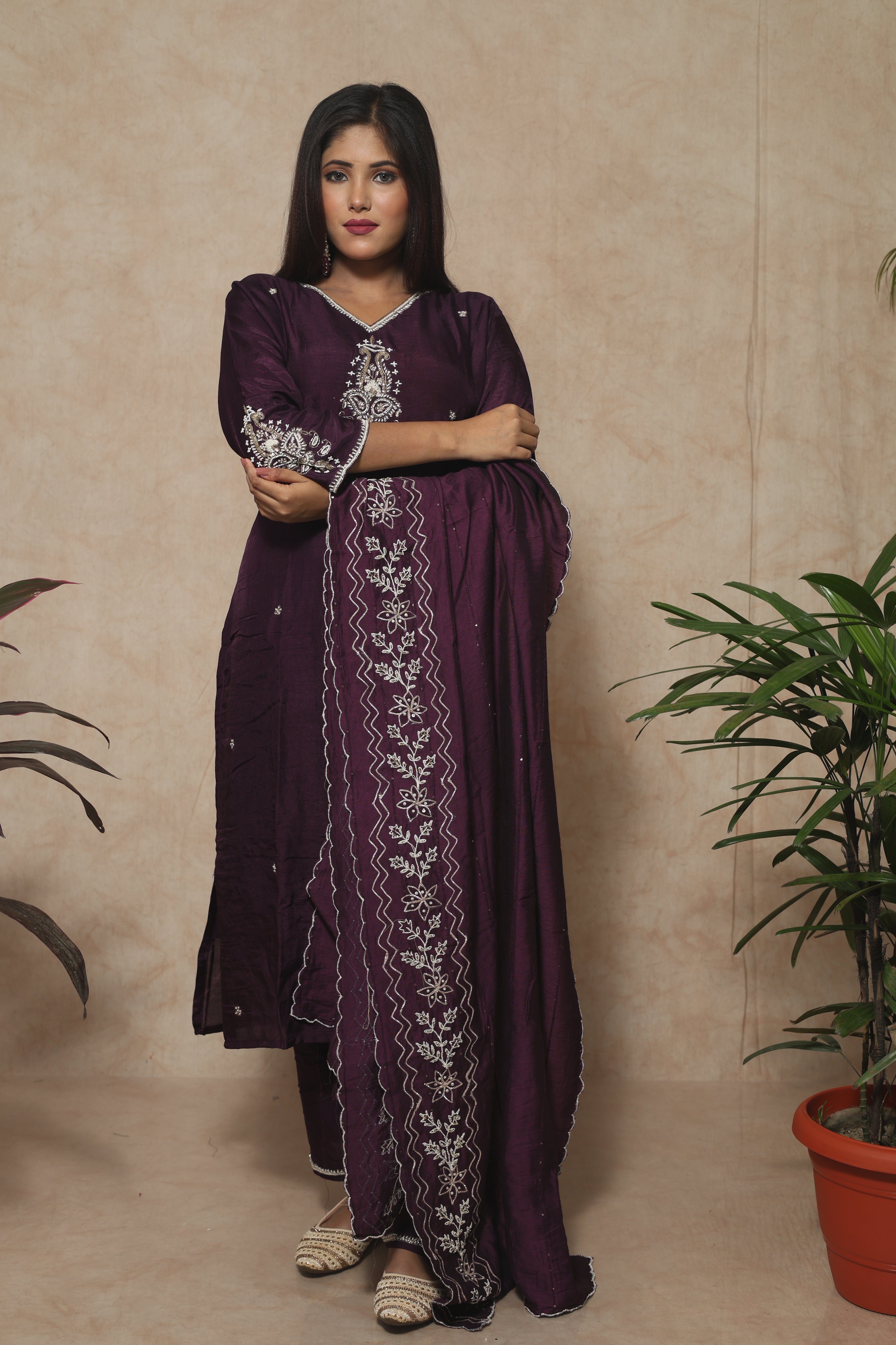 Plum Color Dola Silk Handwork Suit Set
