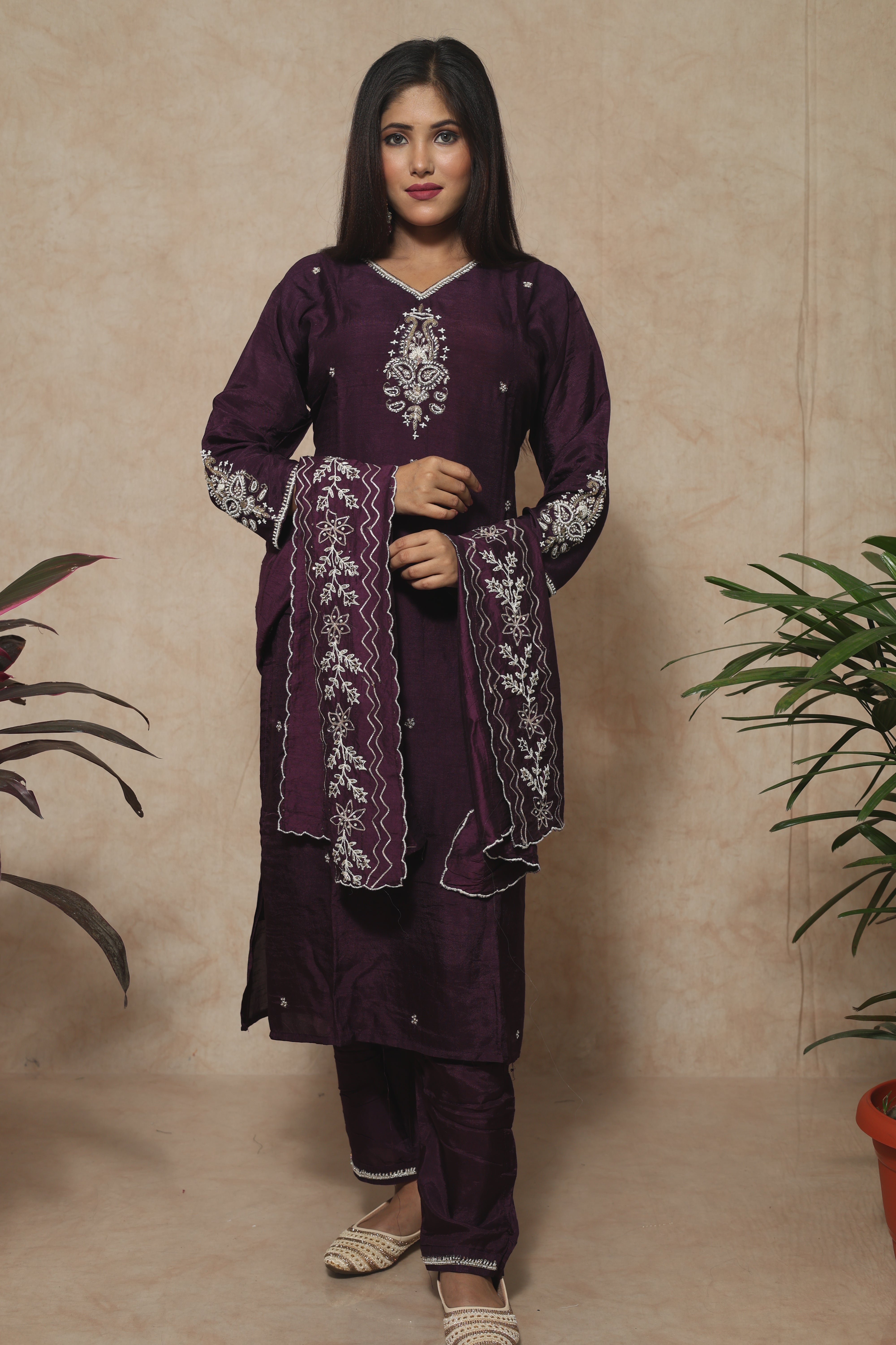 Plum Color Dola Silk Handwork Suit Set