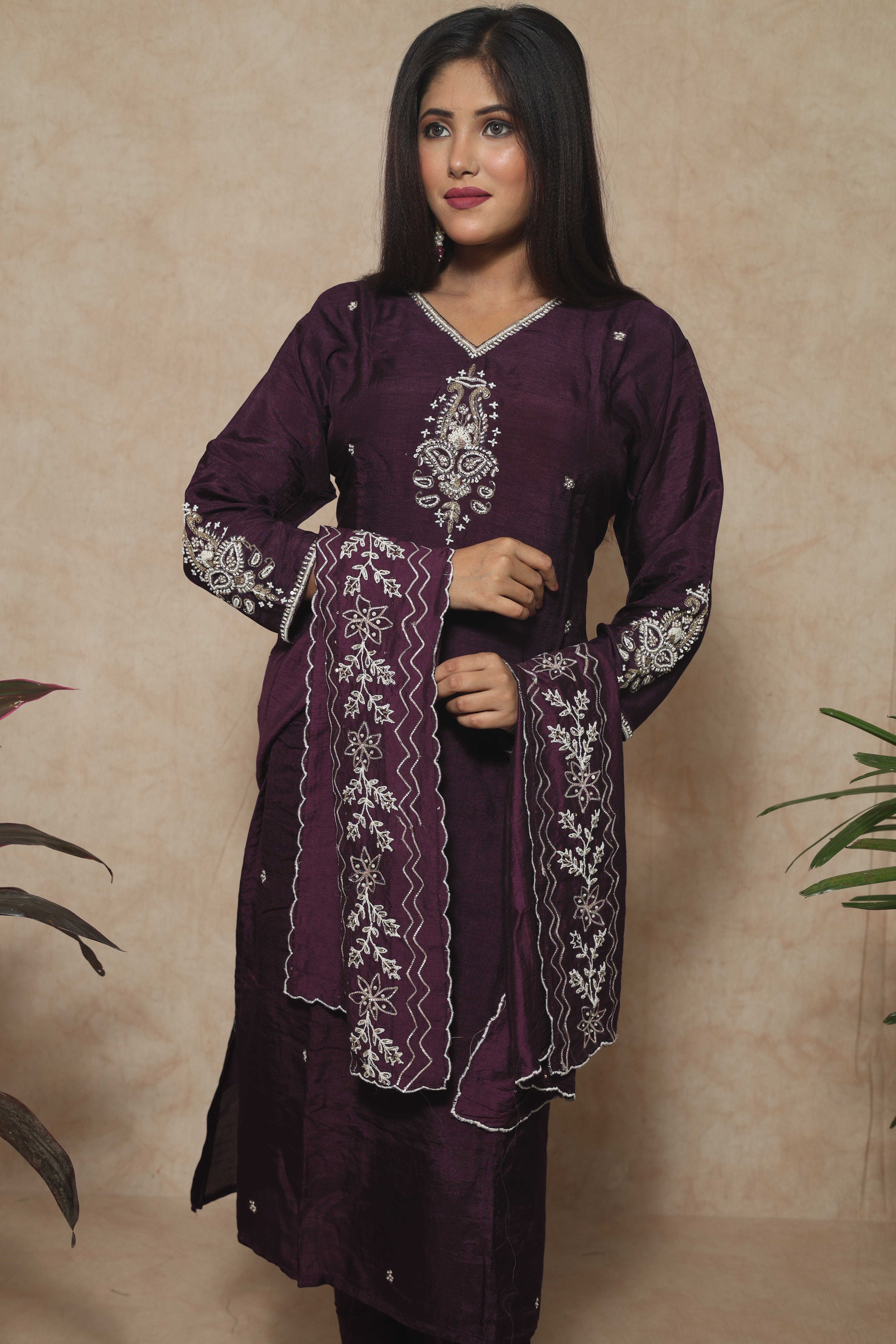 Plum Color Dola Silk Handwork Suit Set