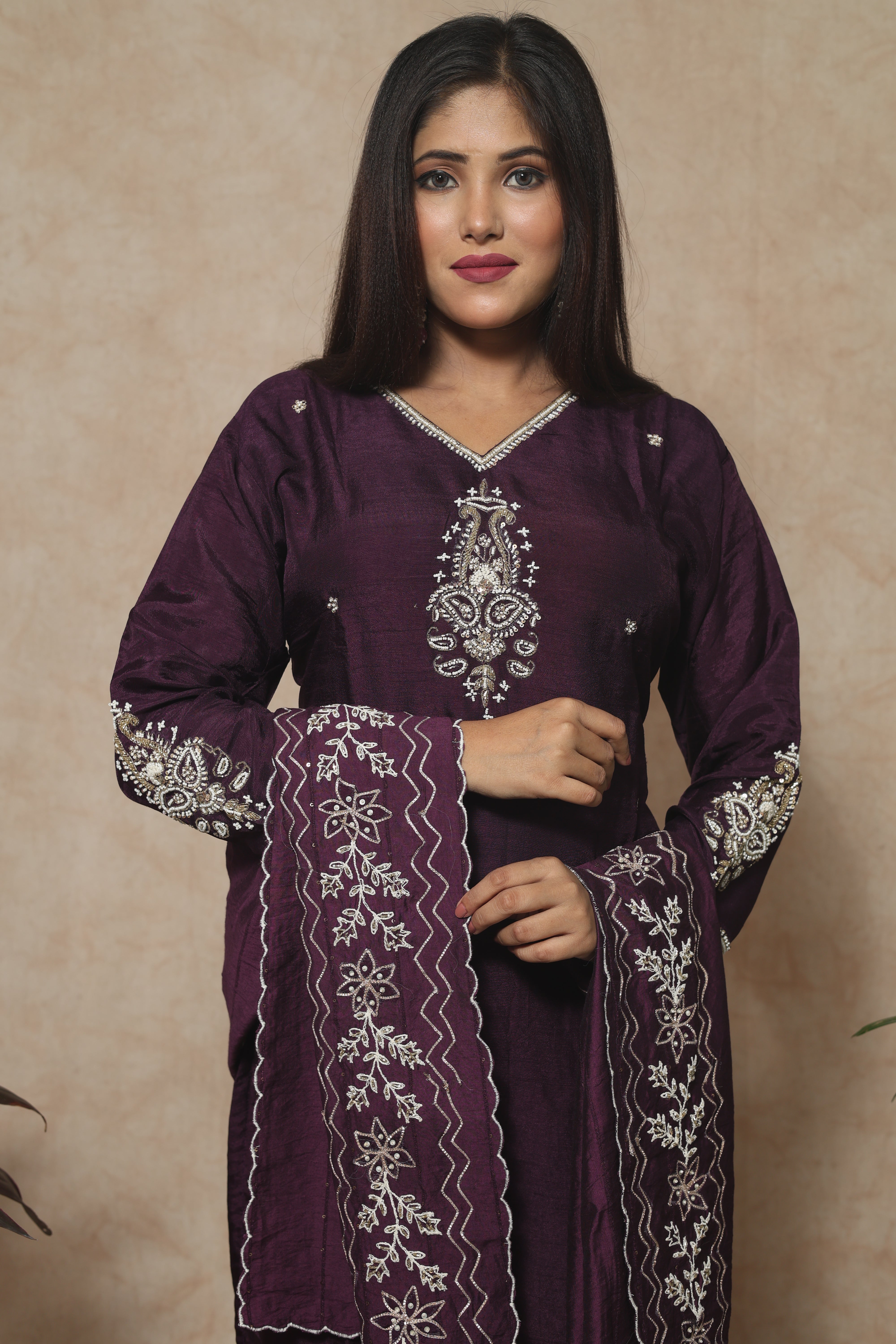 Plum Color Dola Silk Handwork Suit Set