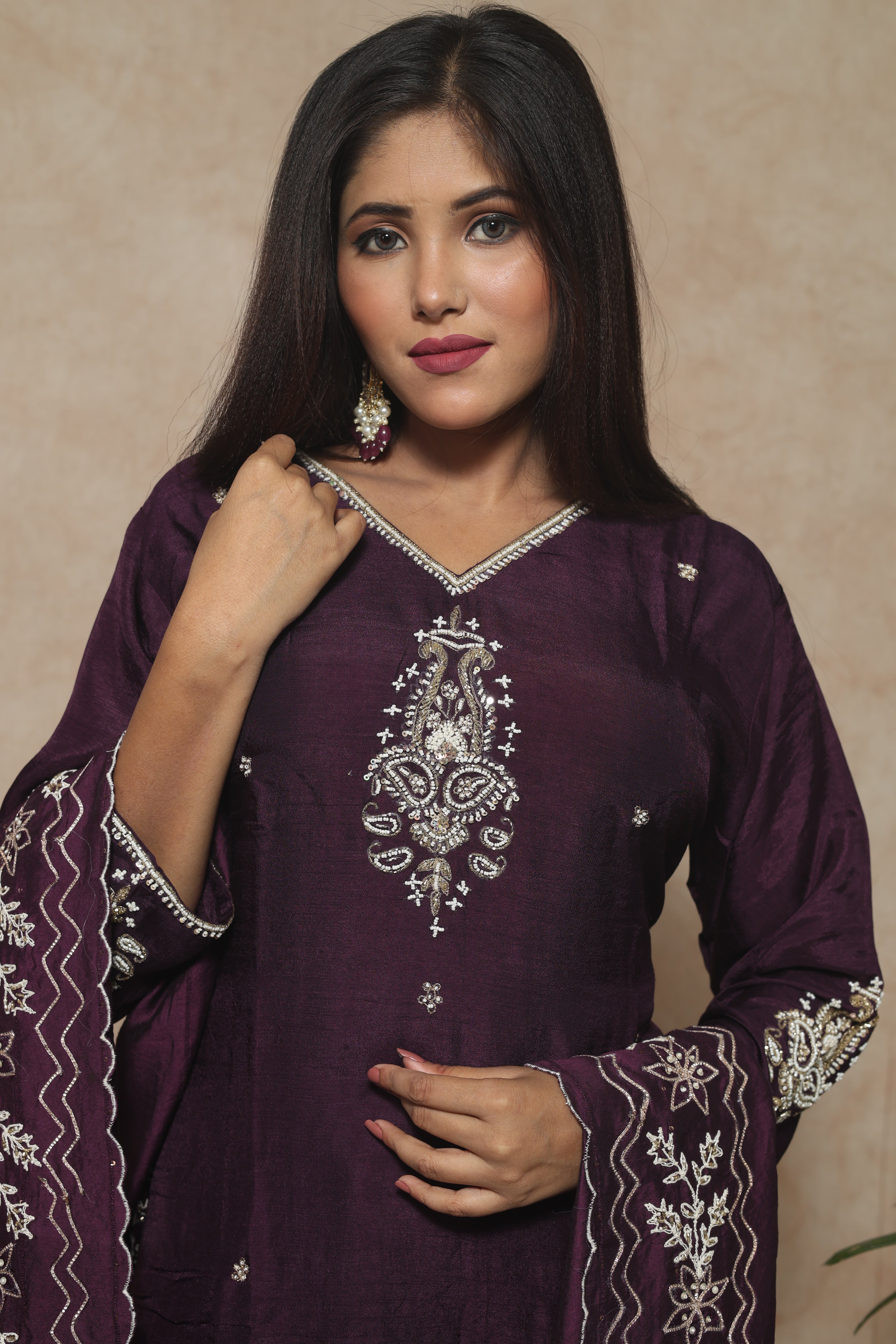 Plum Color Dola Silk Handwork Suit Set