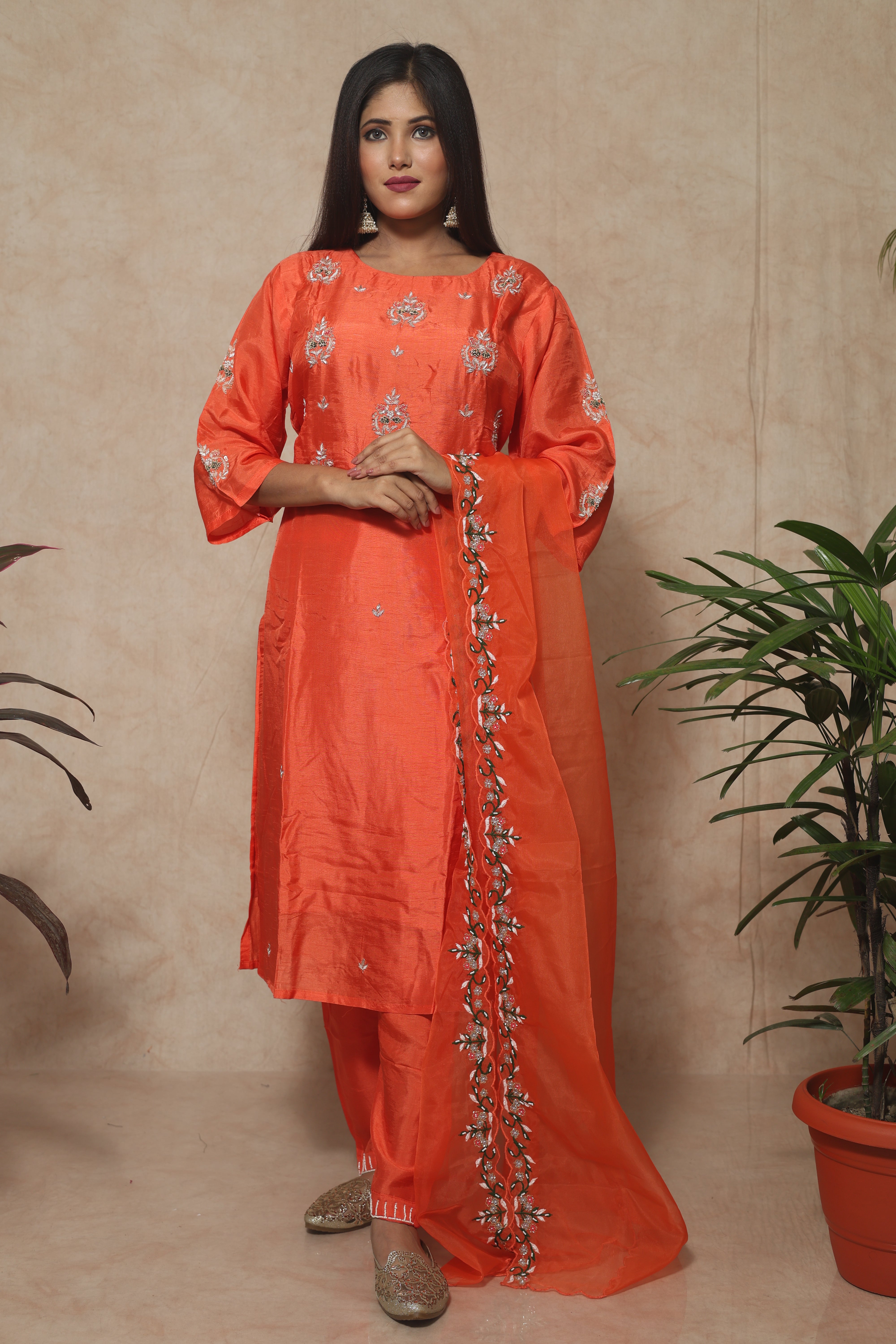Handwork Dola Silk Safron Color Suit Set