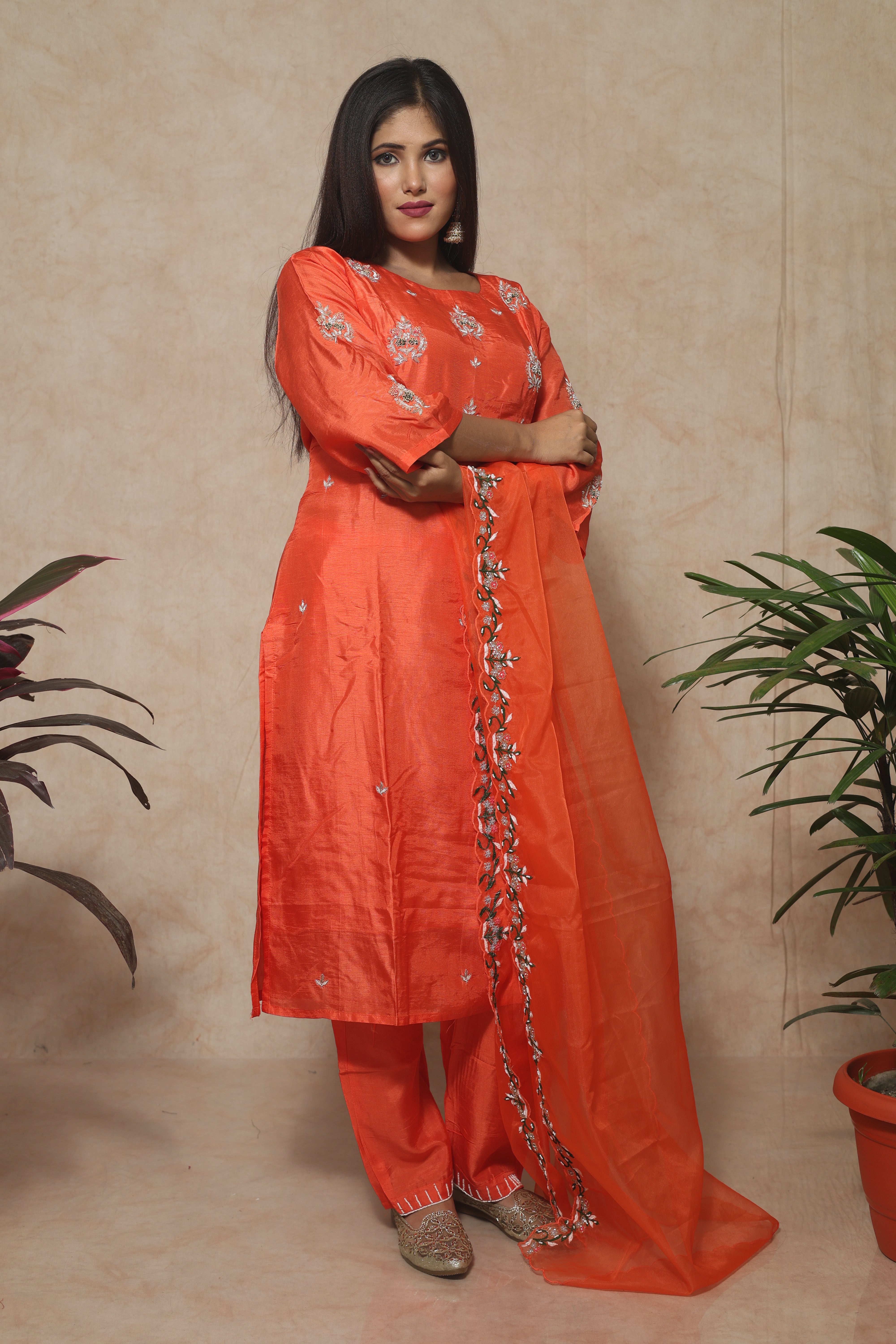 Handwork Dola Silk Safron Color Suit Set