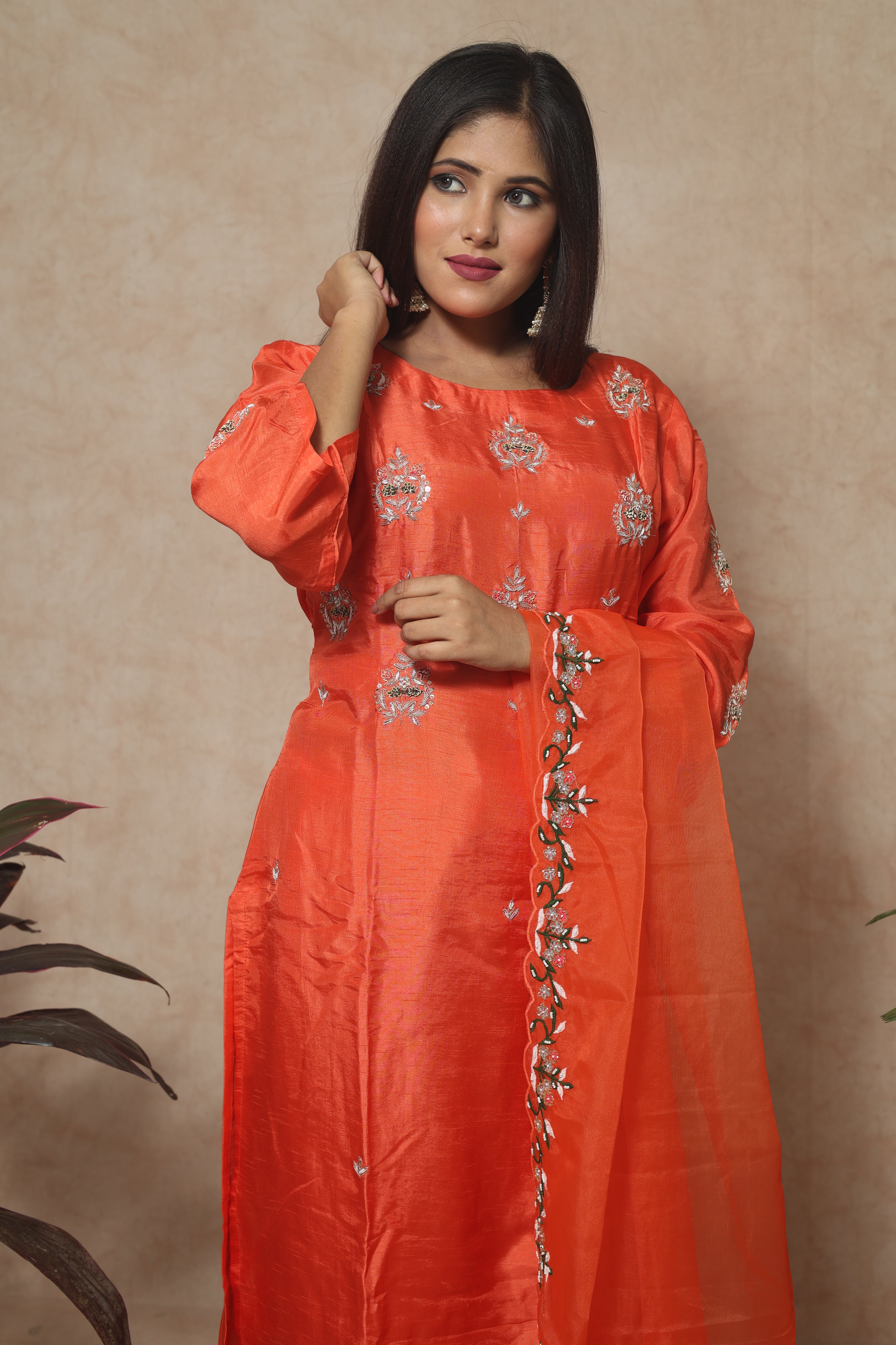 Handwork Dola Silk Safron Color Suit Set