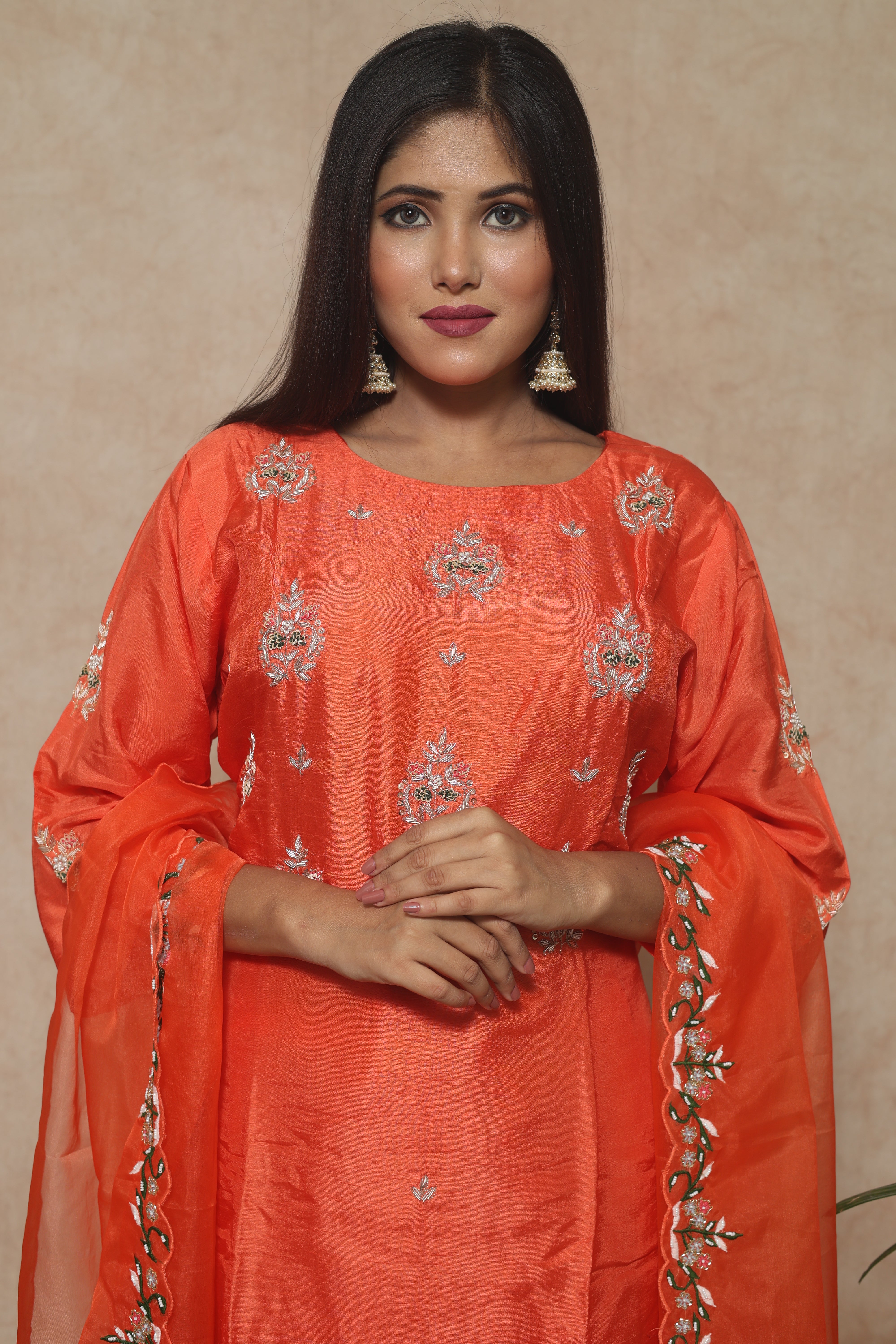 Handwork Dola Silk Safron Color Suit Set