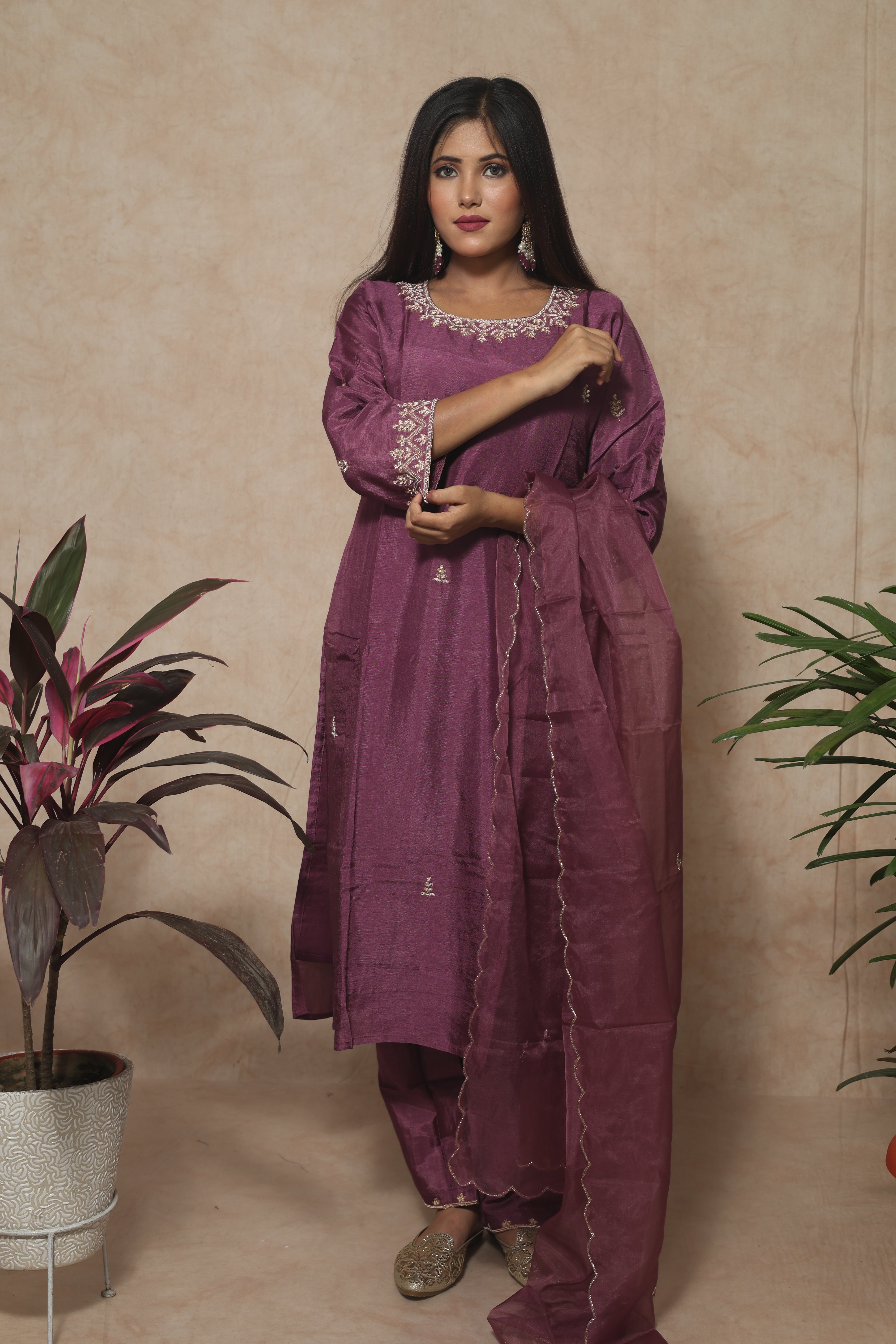 Plum Color Dola Silk Handwork Suit Set