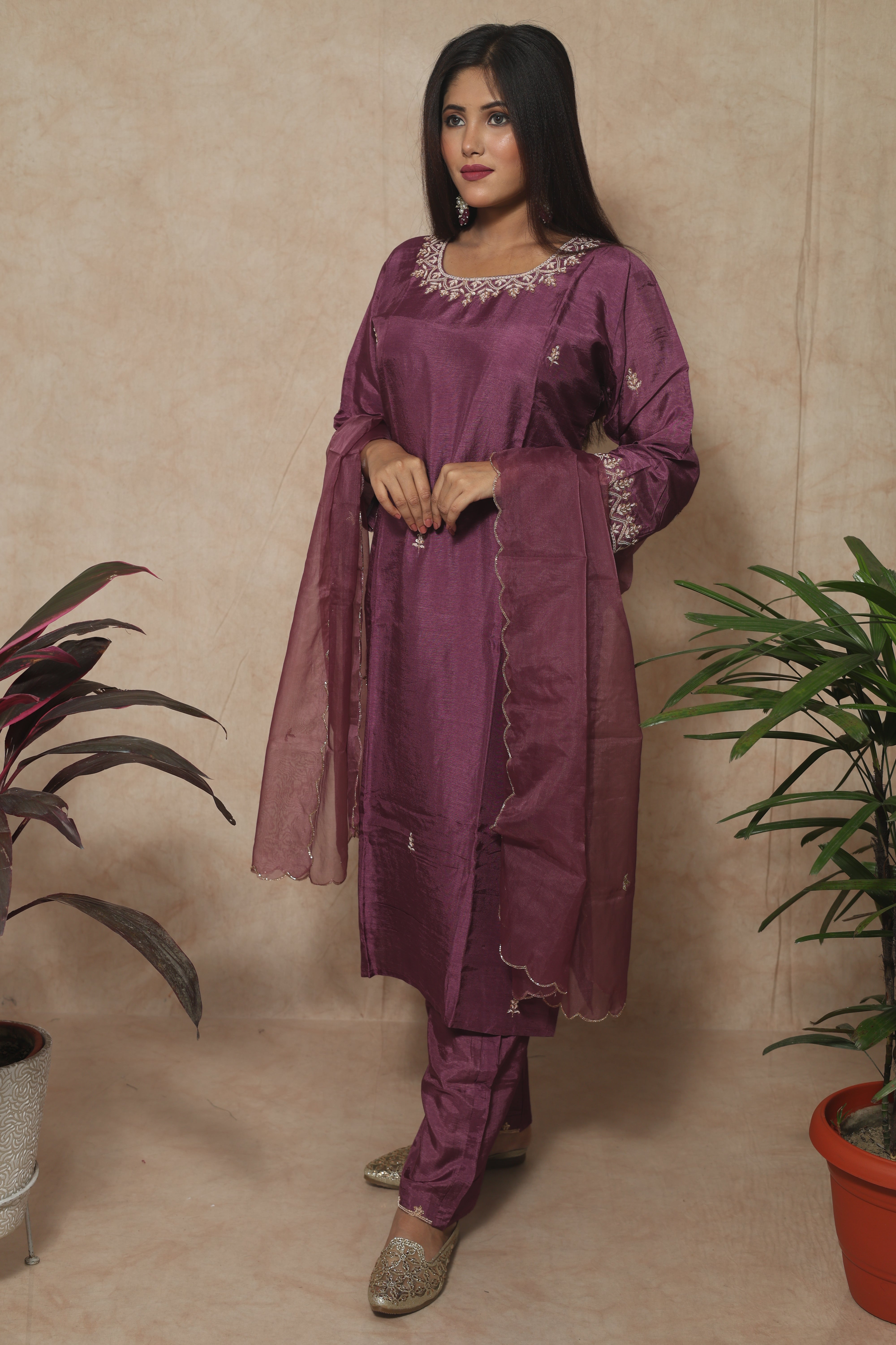 Plum Color Dola Silk Handwork Suit Set