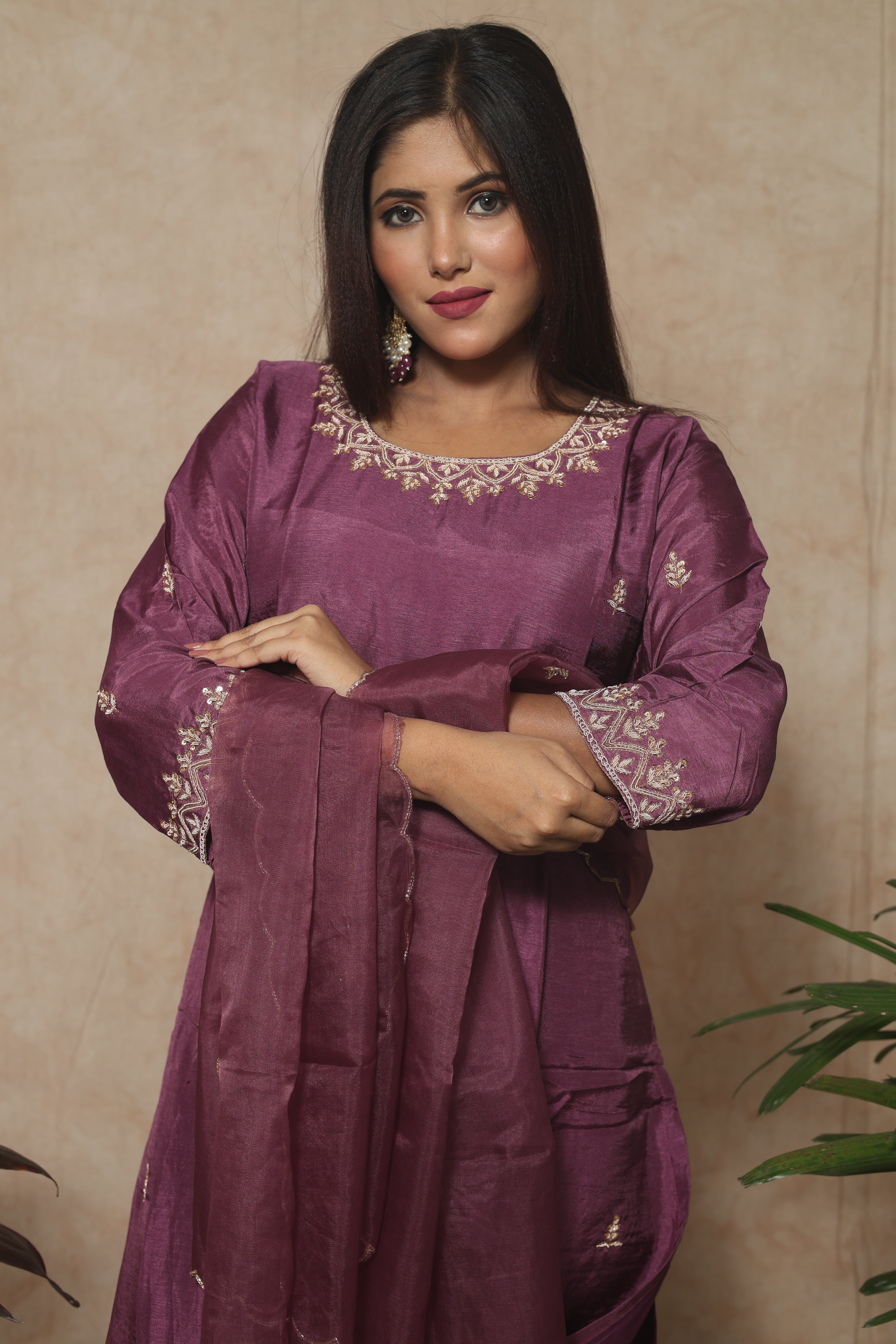 Plum Color Dola Silk Handwork Suit Set