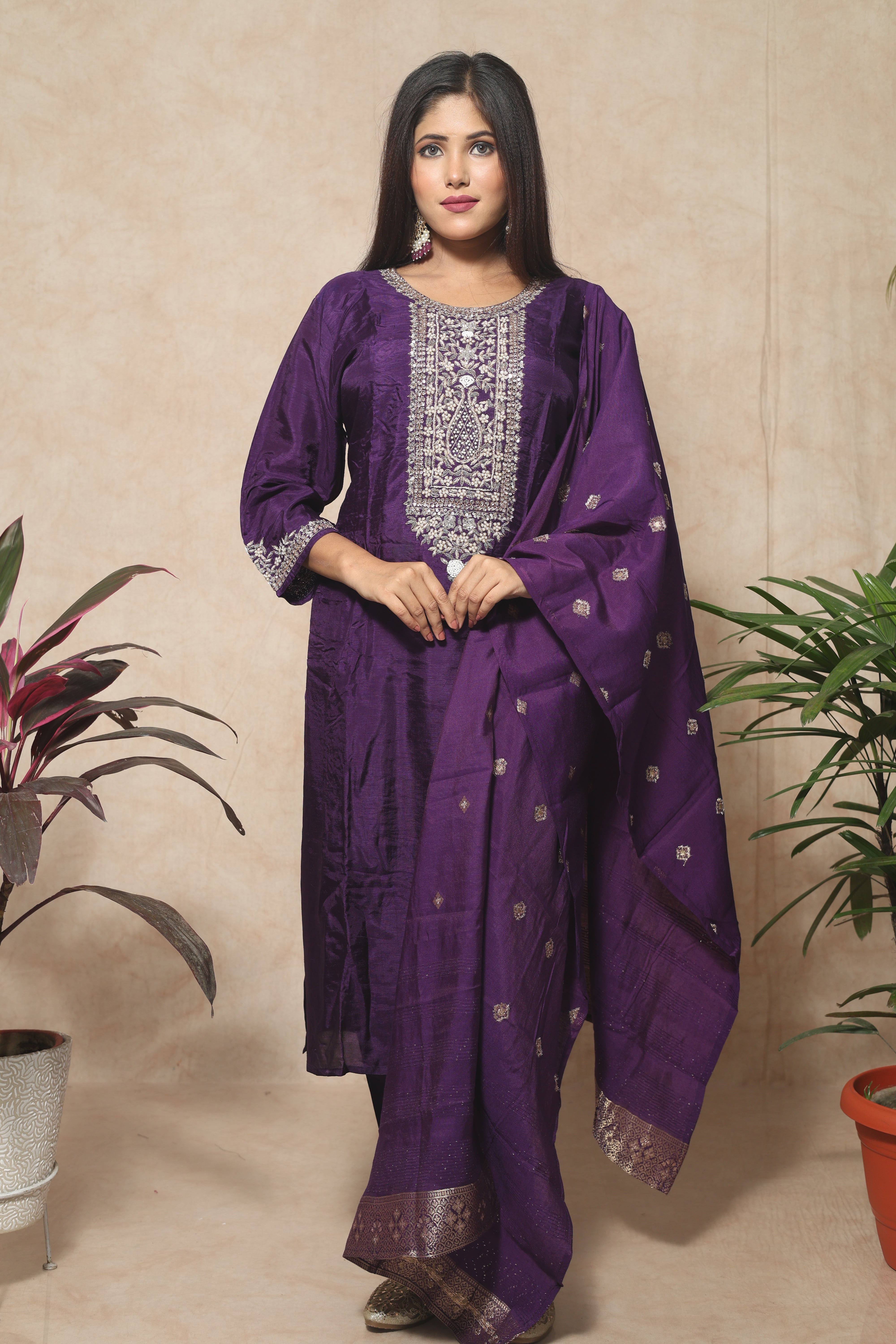Purple color dola silk suit set with intricate handwork