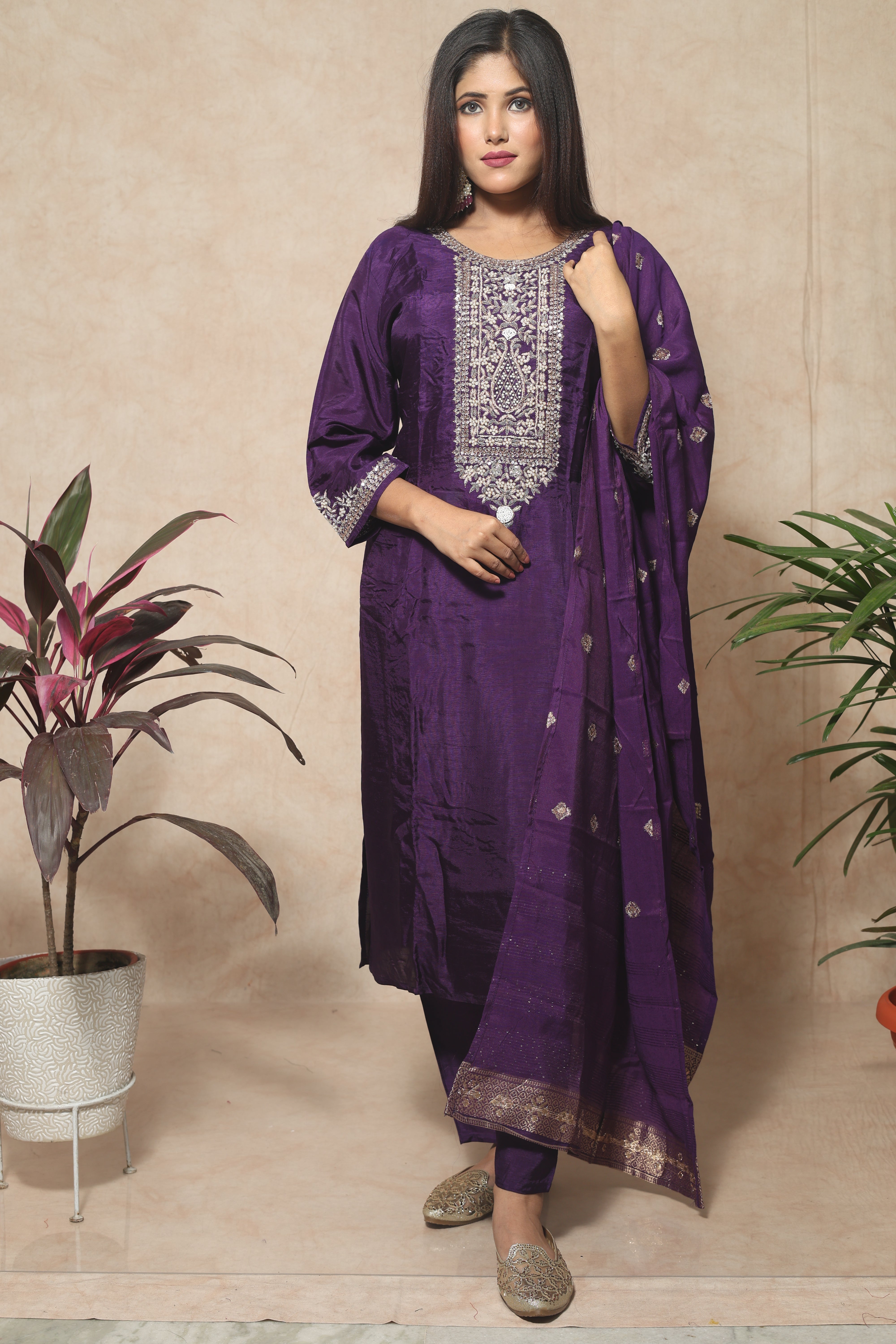 Purple Color Dola Silk Handwork Suit Set
