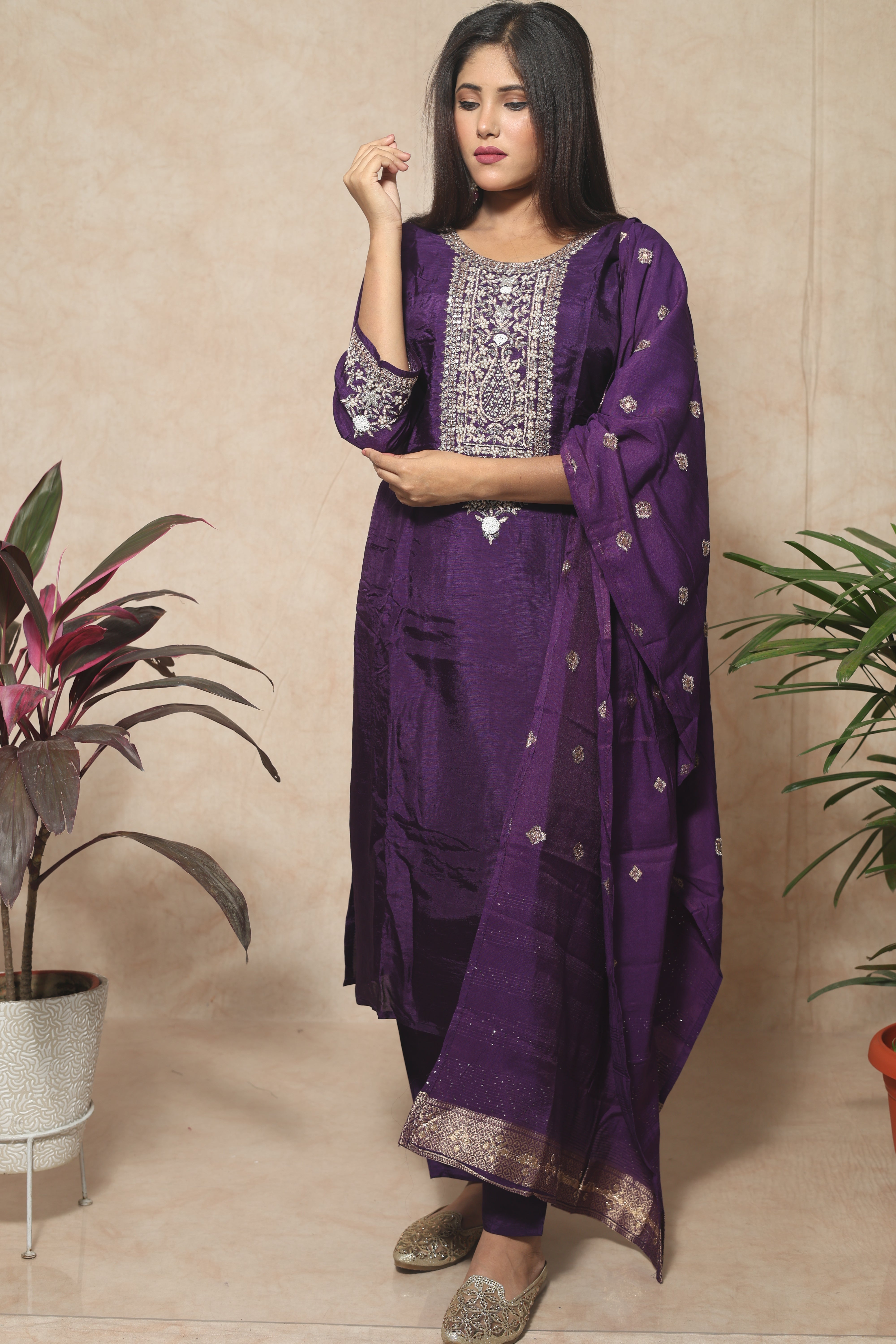 Purple Color Dola Silk Handwork Suit Set