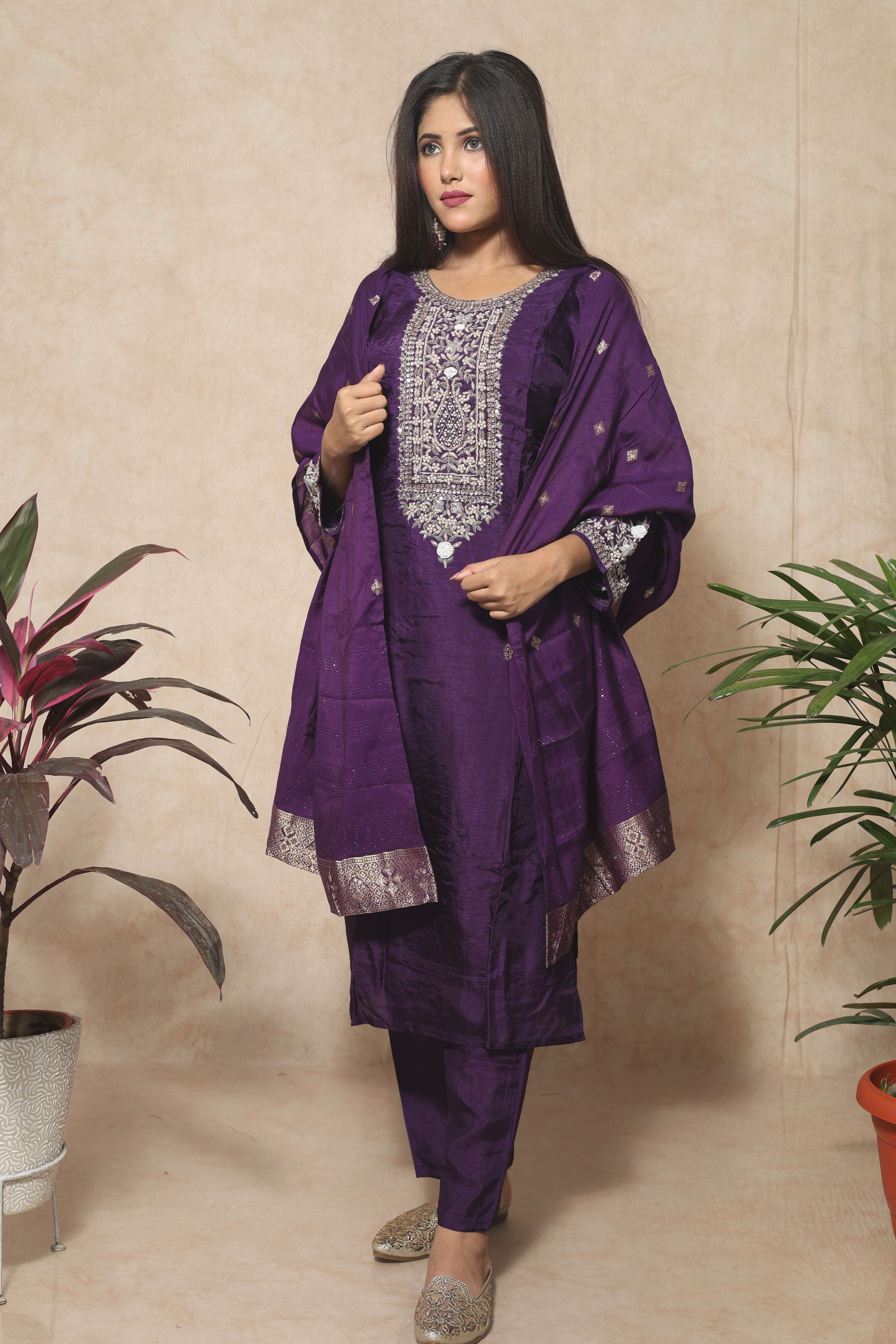 Purple Color Dola Silk Handwork Suit Set