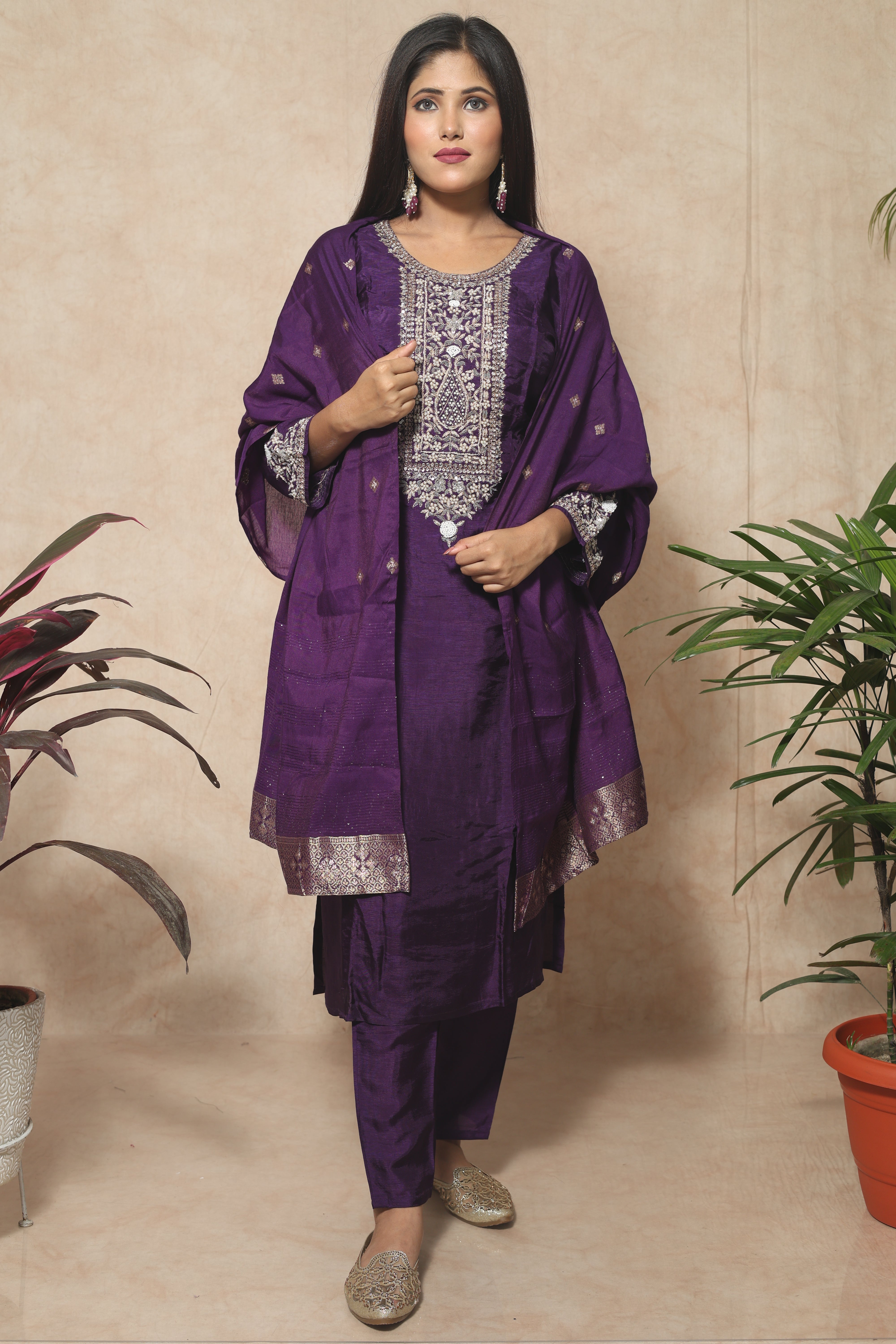 Purple Color Dola Silk Handwork Suit Set