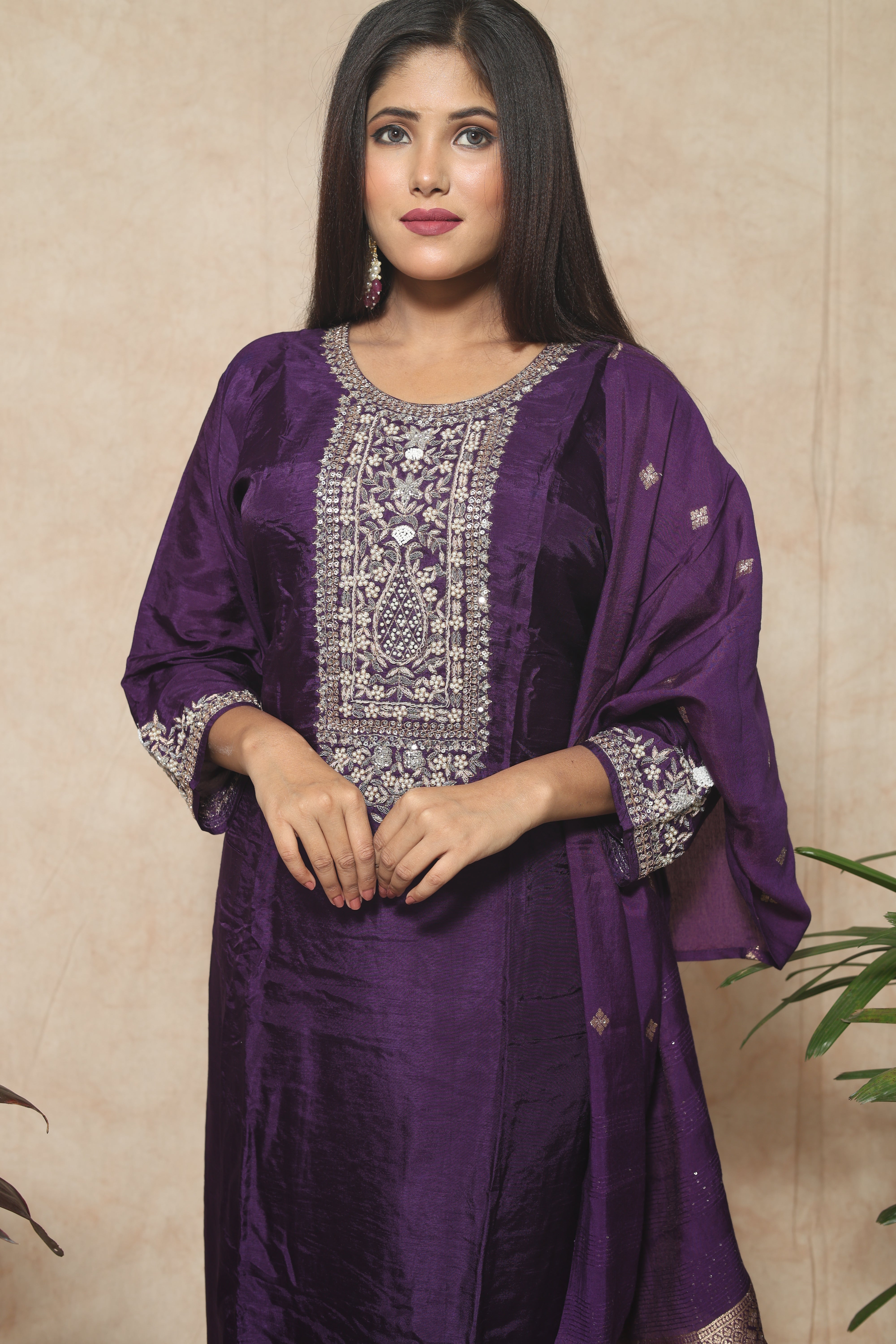 Purple Color Dola Silk Handwork Suit Set