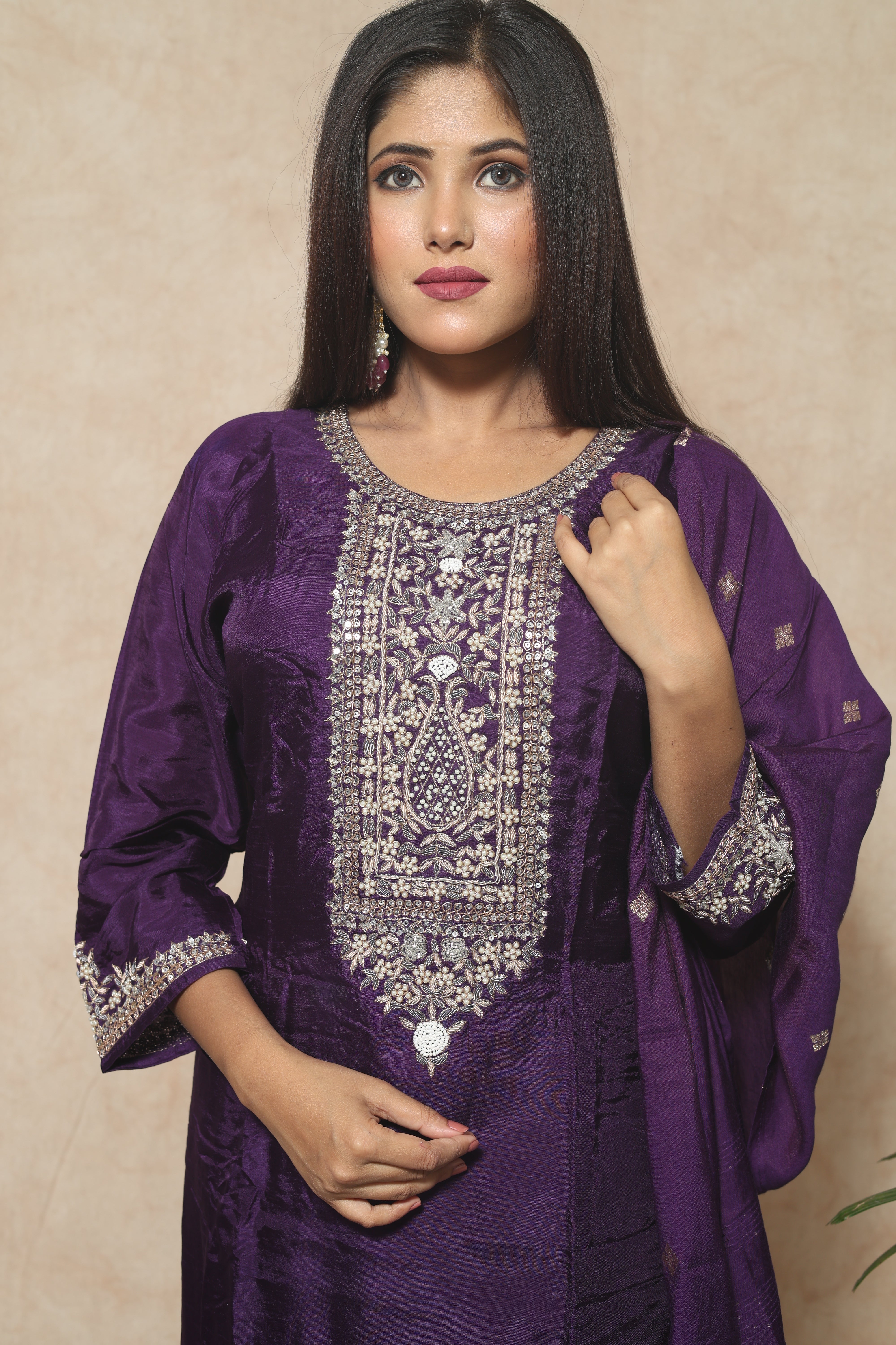 Purple Color Dola Silk Handwork Suit Set