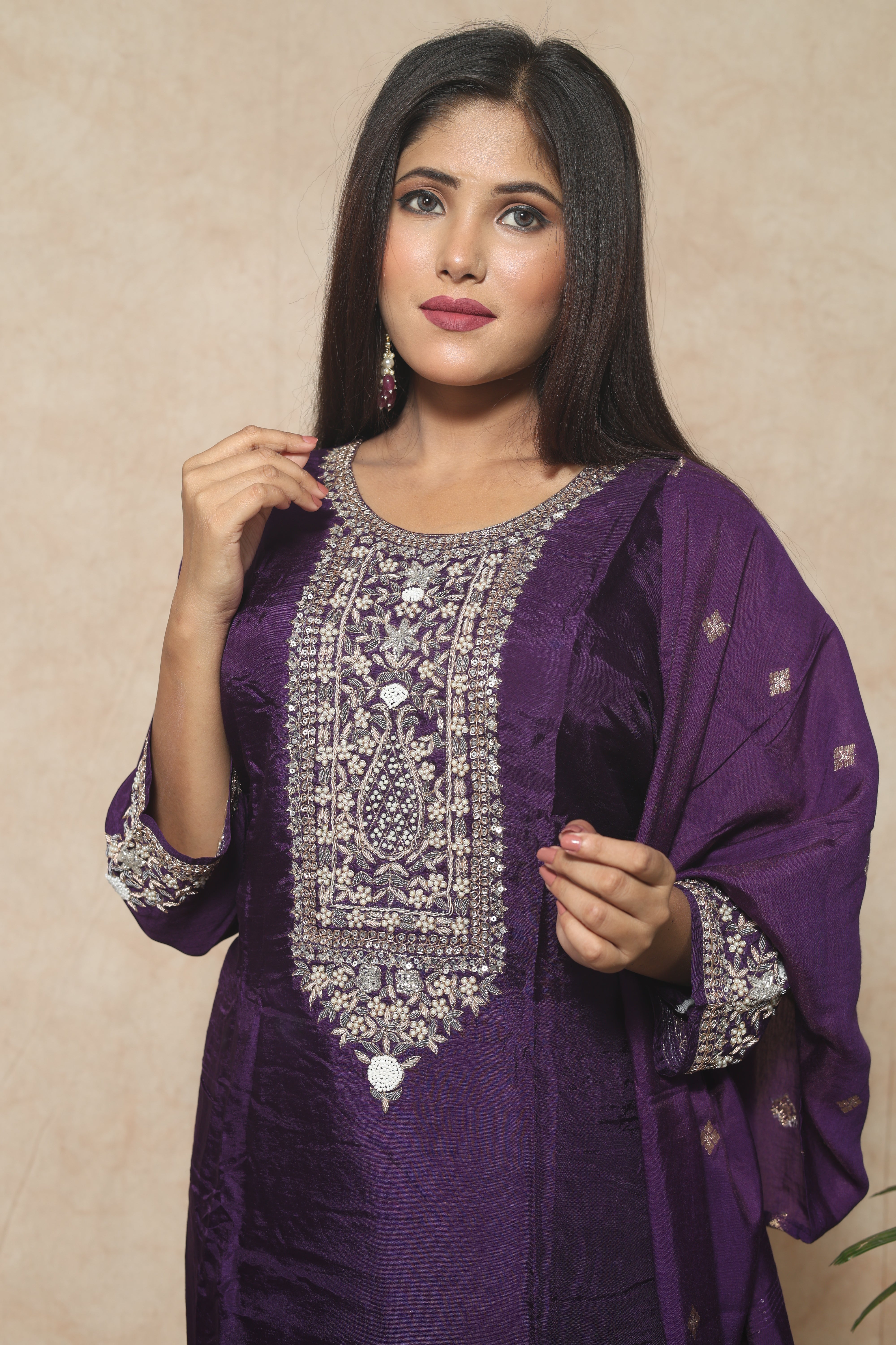 Purple Color Dola Silk Handwork Suit Set
