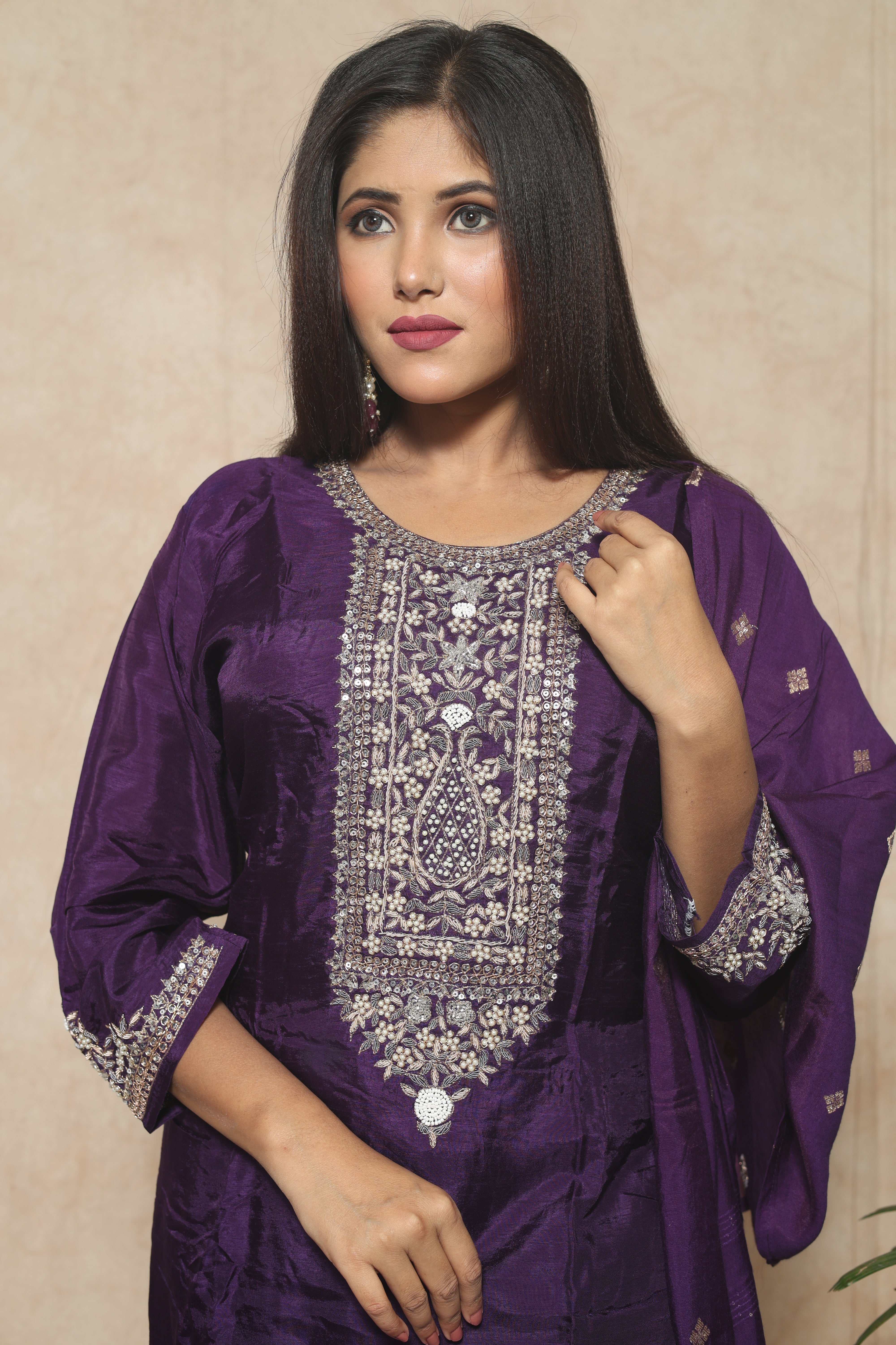 Purple Color Dola Silk Handwork Suit Set