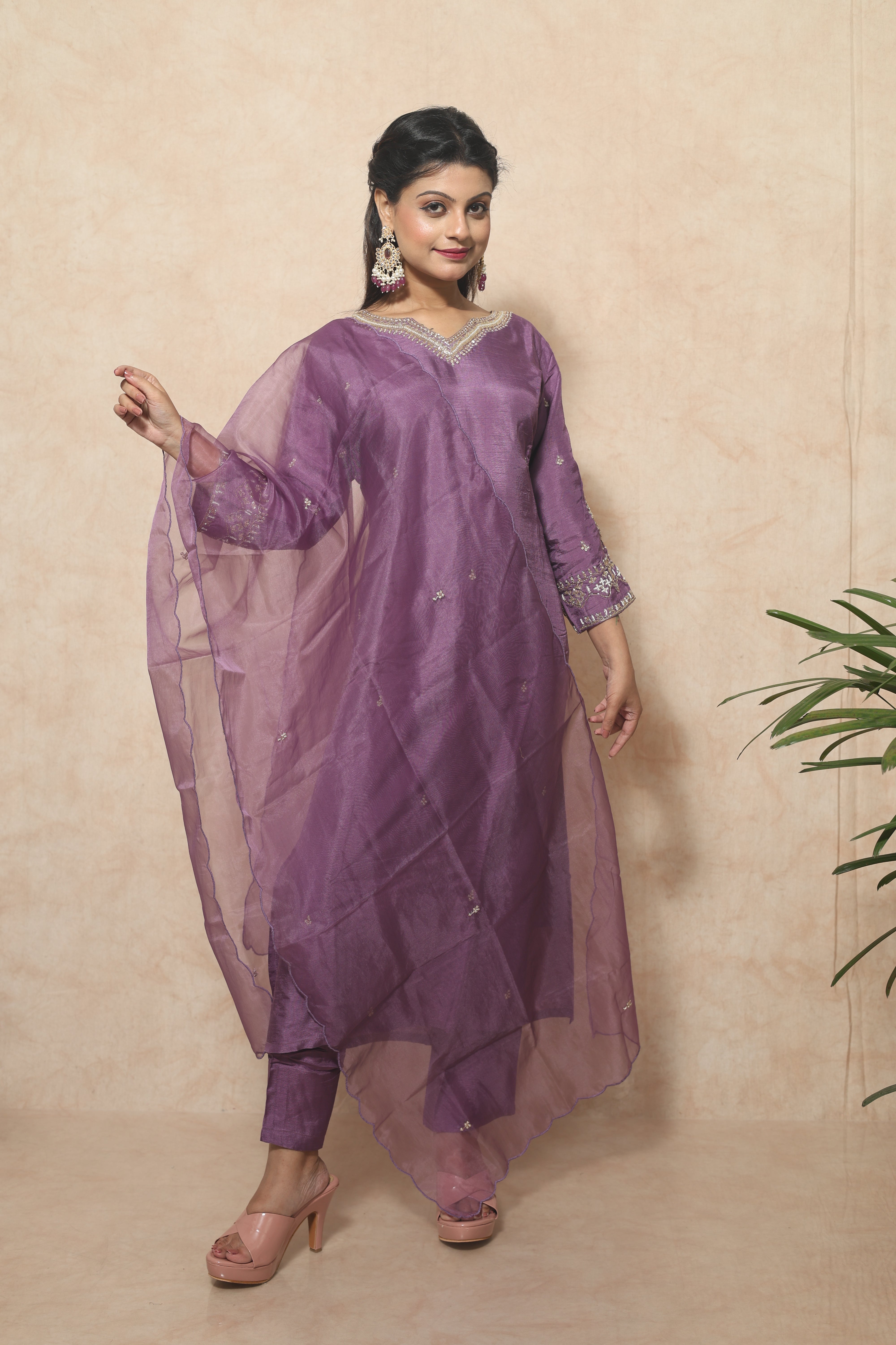 Purple Color Dola Silk Handwork Suit Set