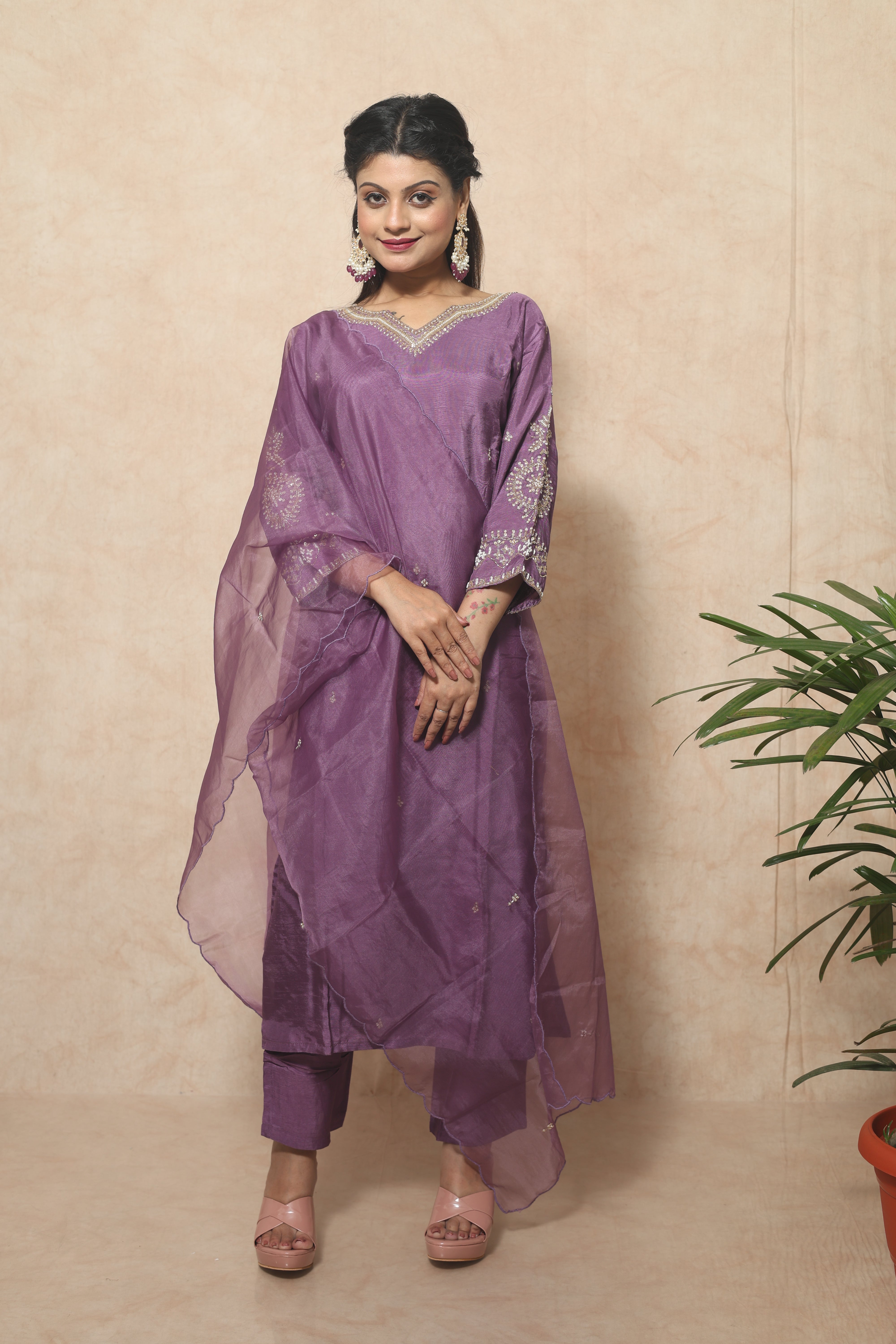 Purple Color Dola Silk Handwork Suit Set