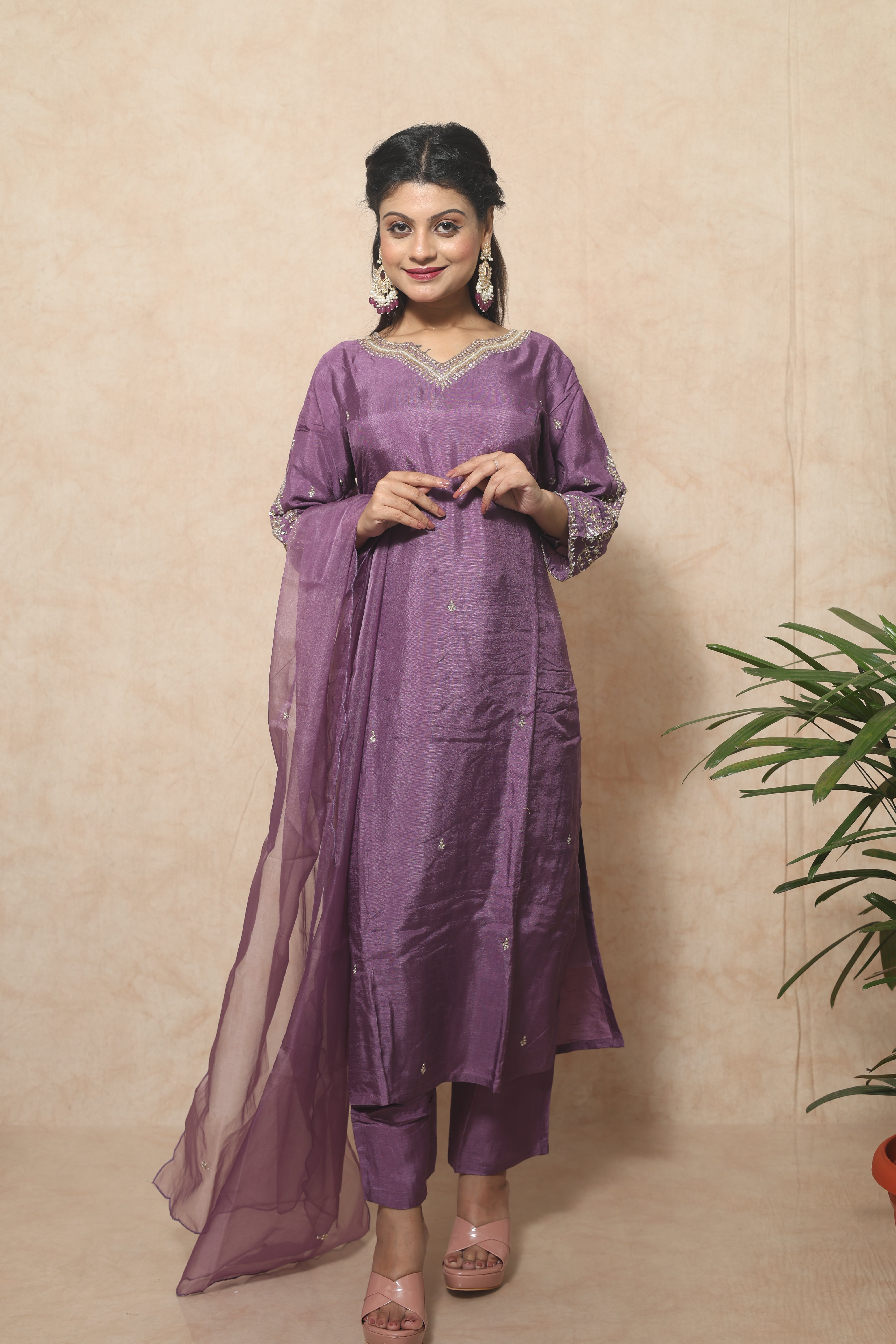 Purple Color Dola Silk Handwork Suit Set