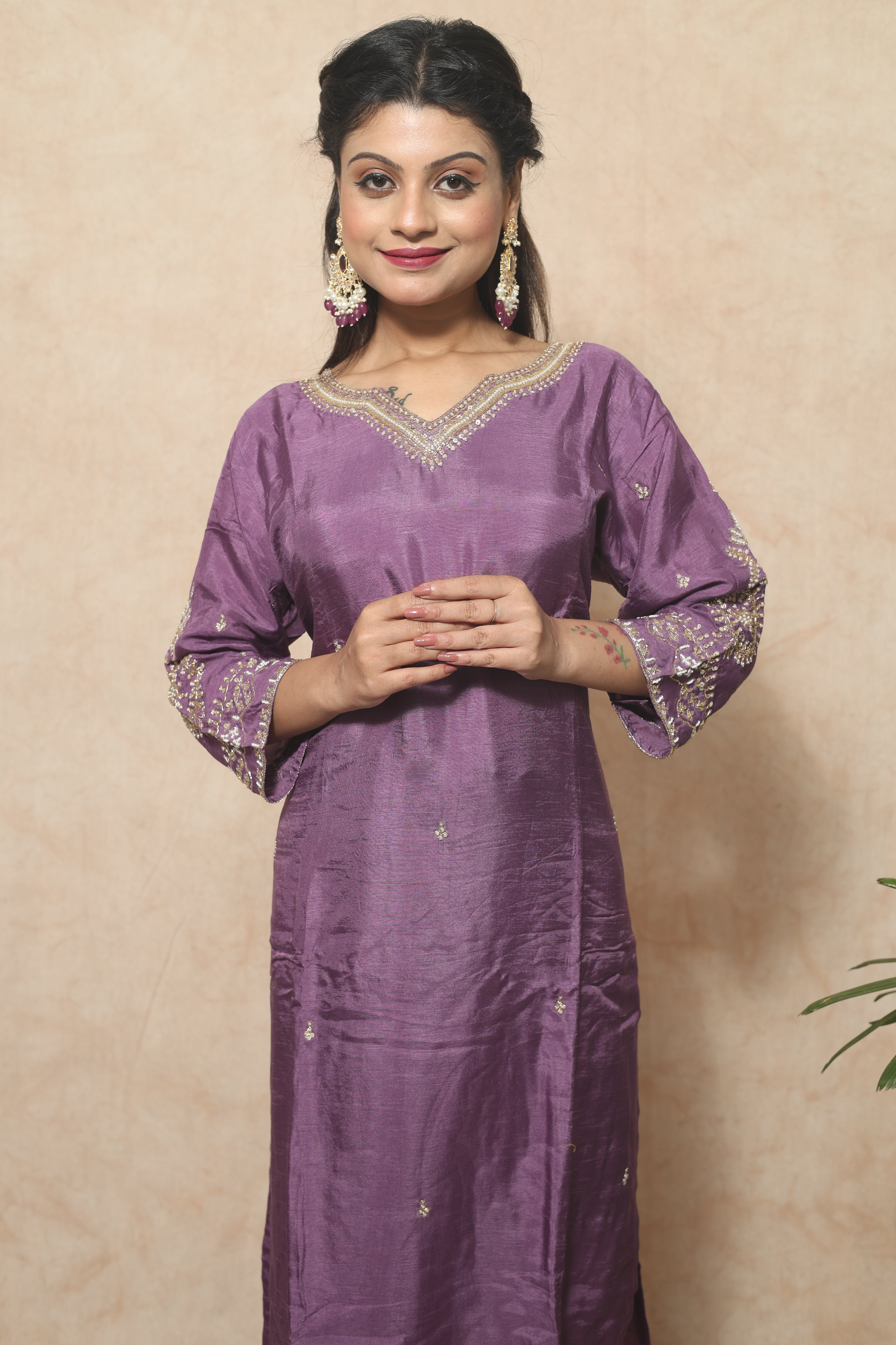 Purple Color Dola Silk Handwork Suit Set