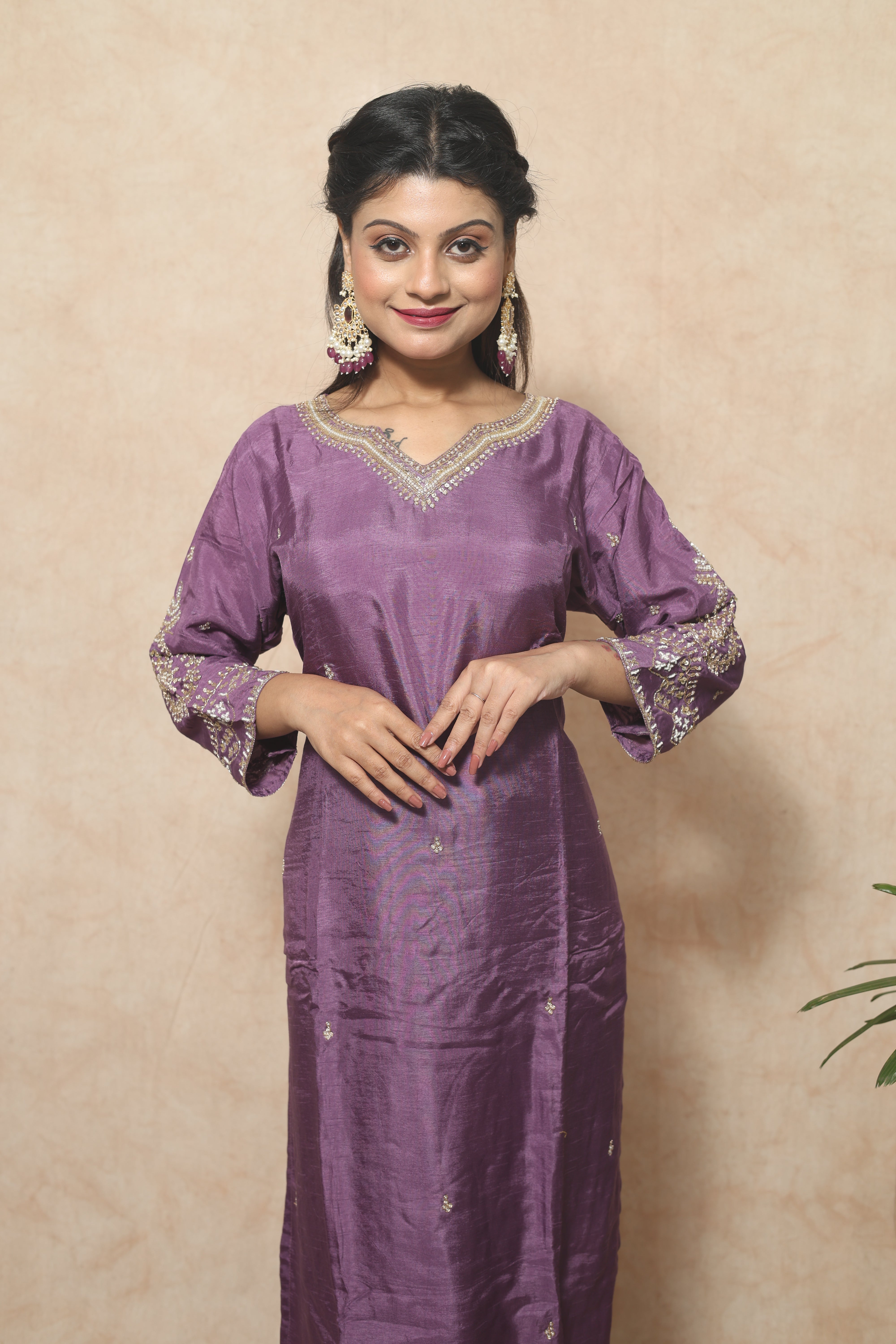 Purple Color Dola Silk Handwork Suit Set