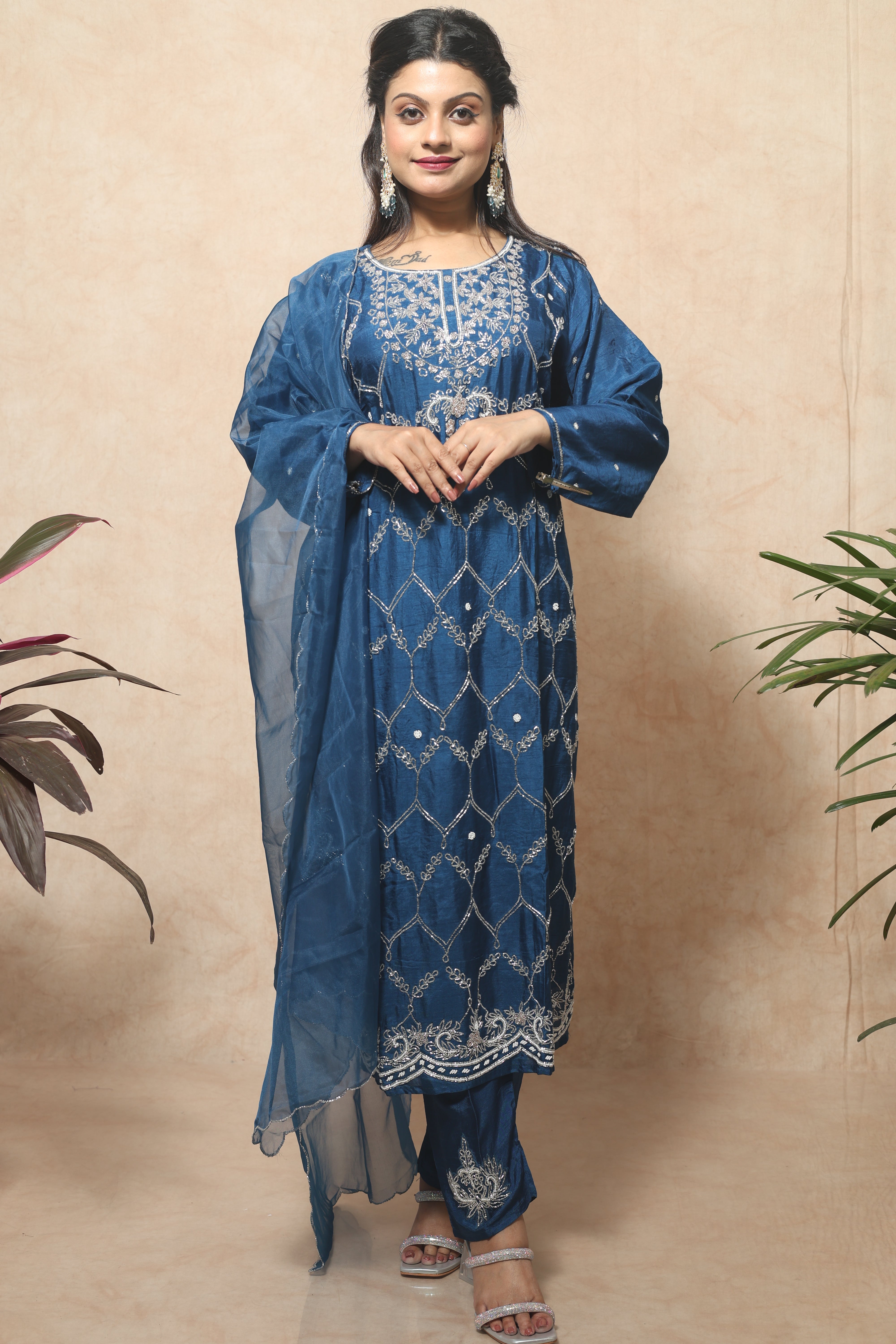 Royal Blue Handwork Dola Silk Suit Set