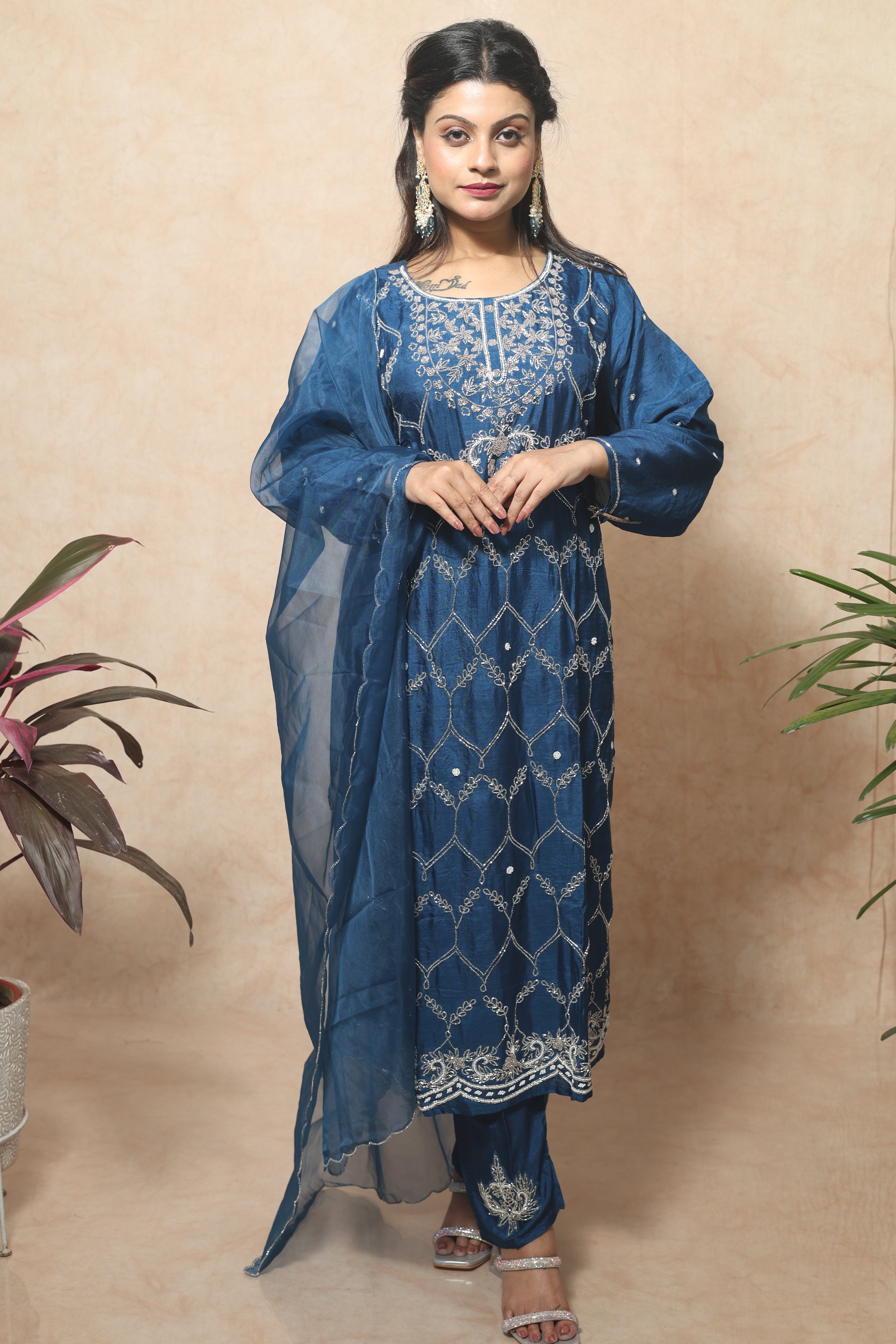 Royal Blue Handwork Dola Silk Suit Set