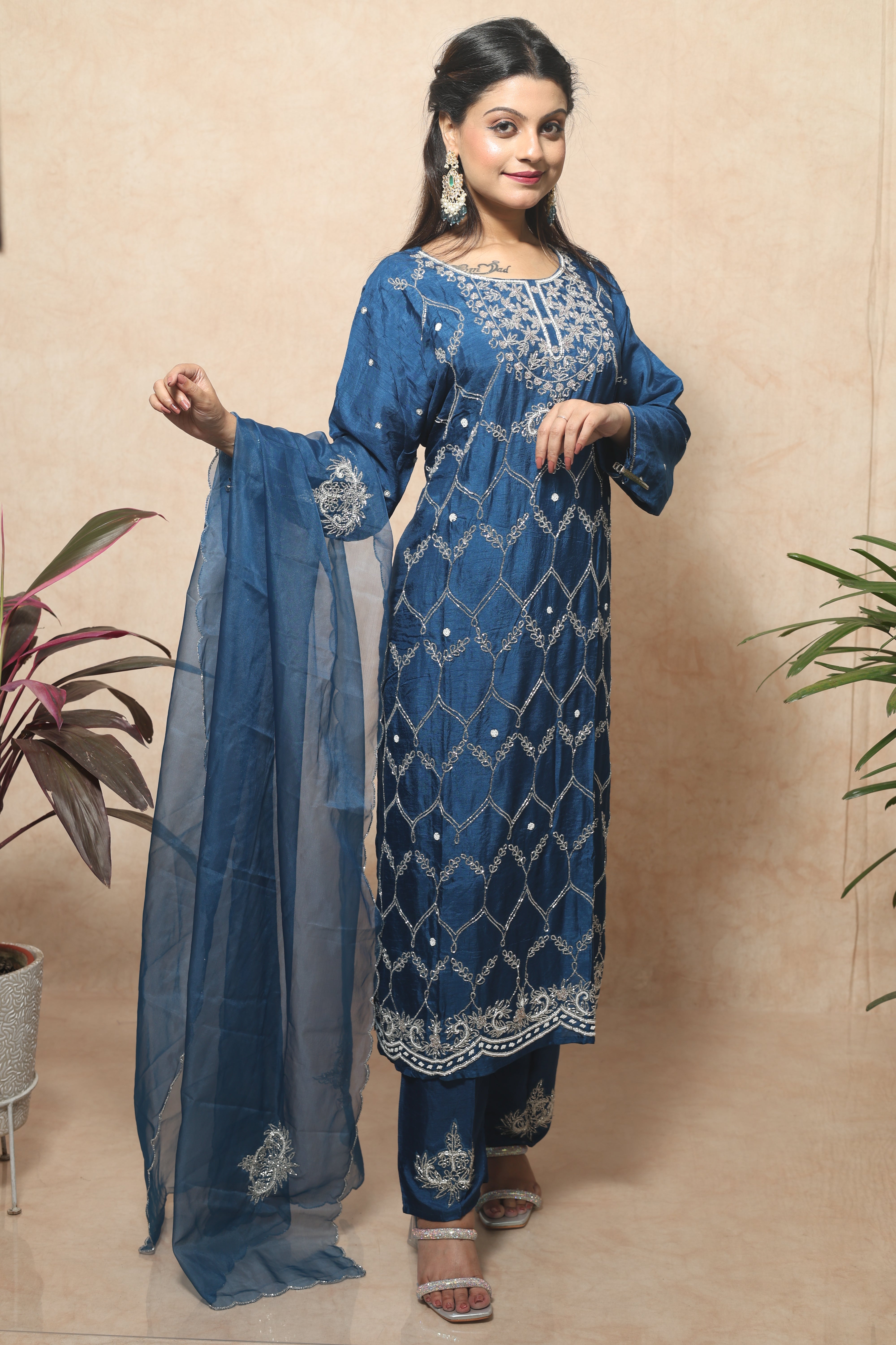 Royal Blue Handwork Dola Silk Suit Set
