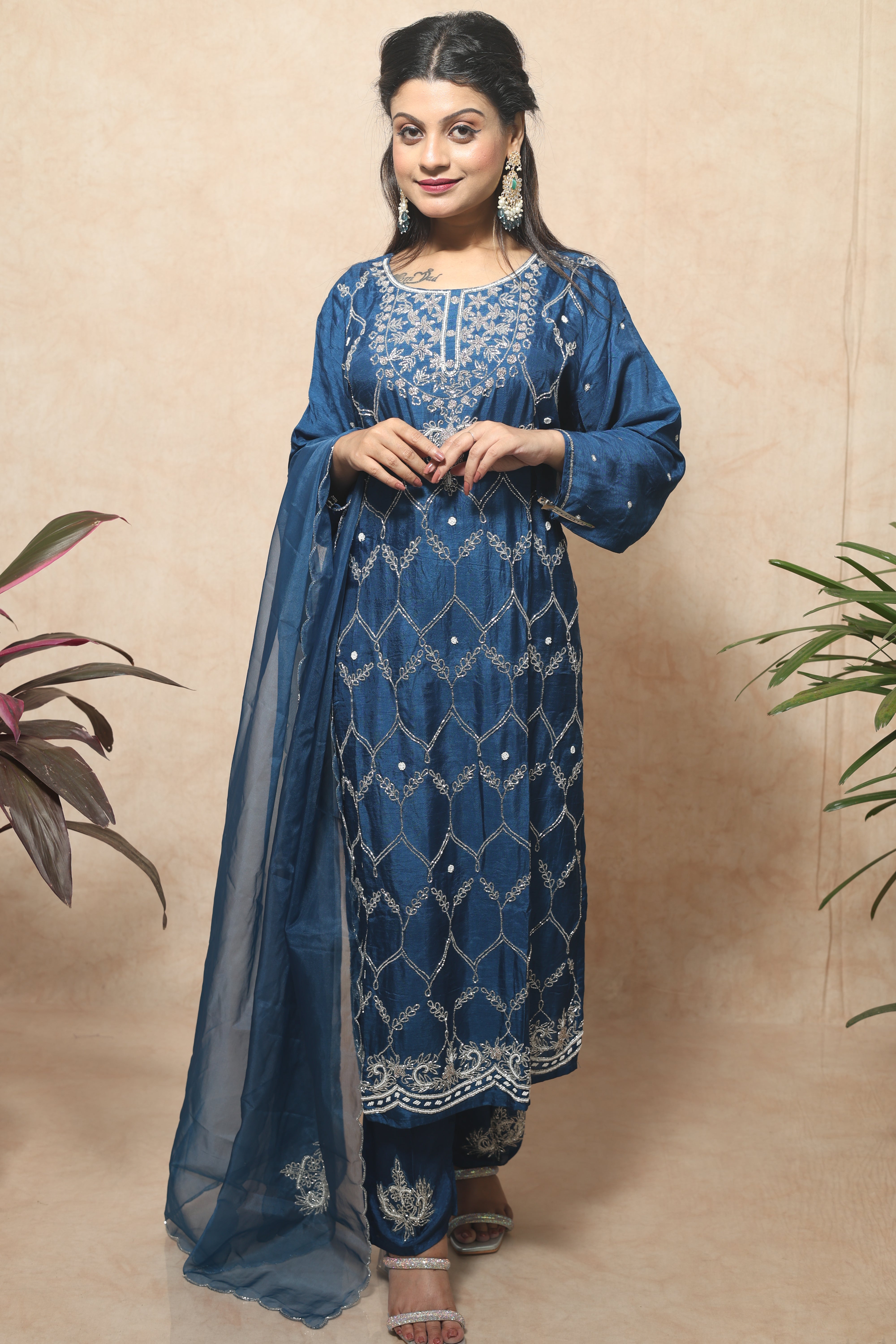 Royal Blue Handwork Dola Silk Suit Set