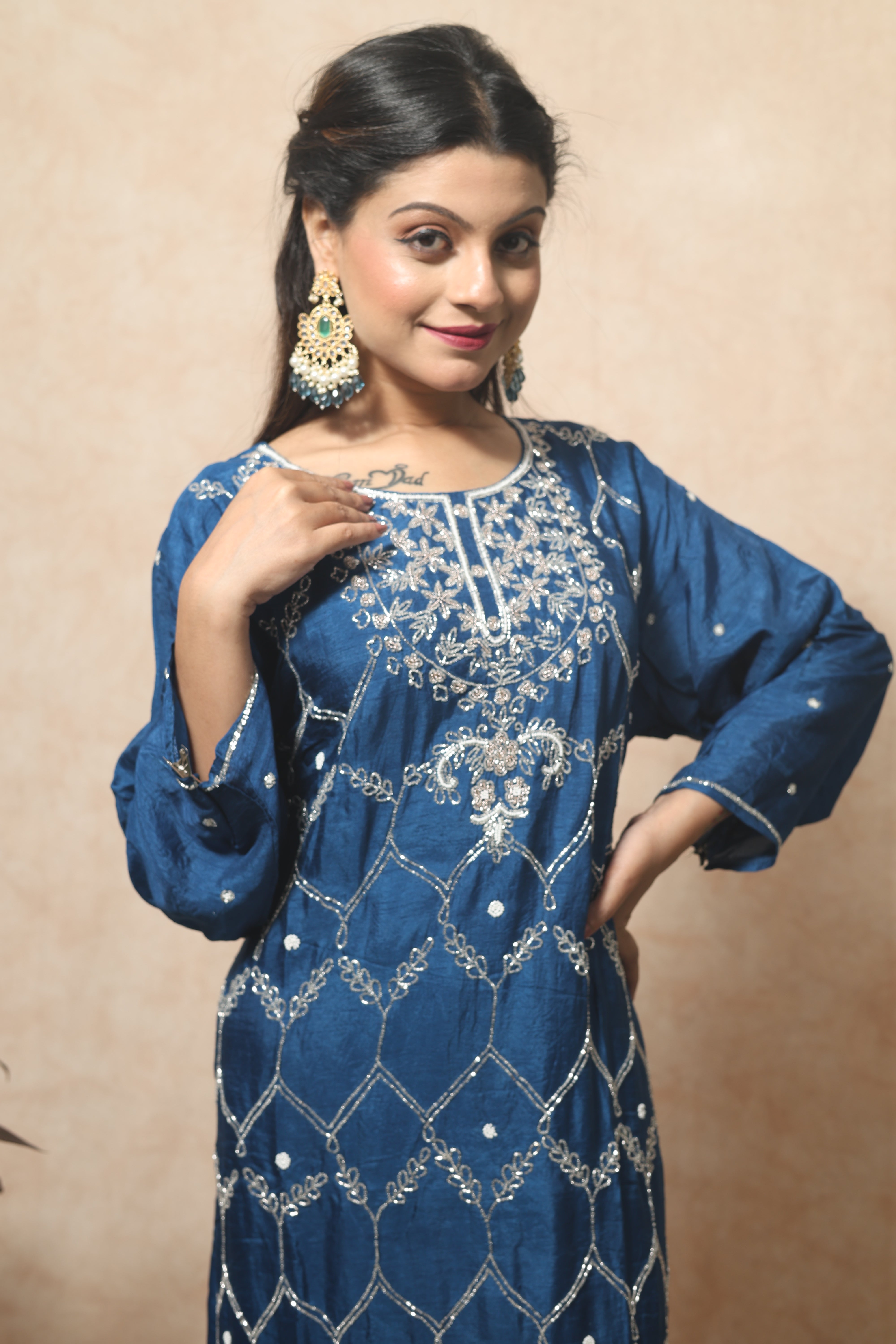 Royal Blue Handwork Dola Silk Suit Set