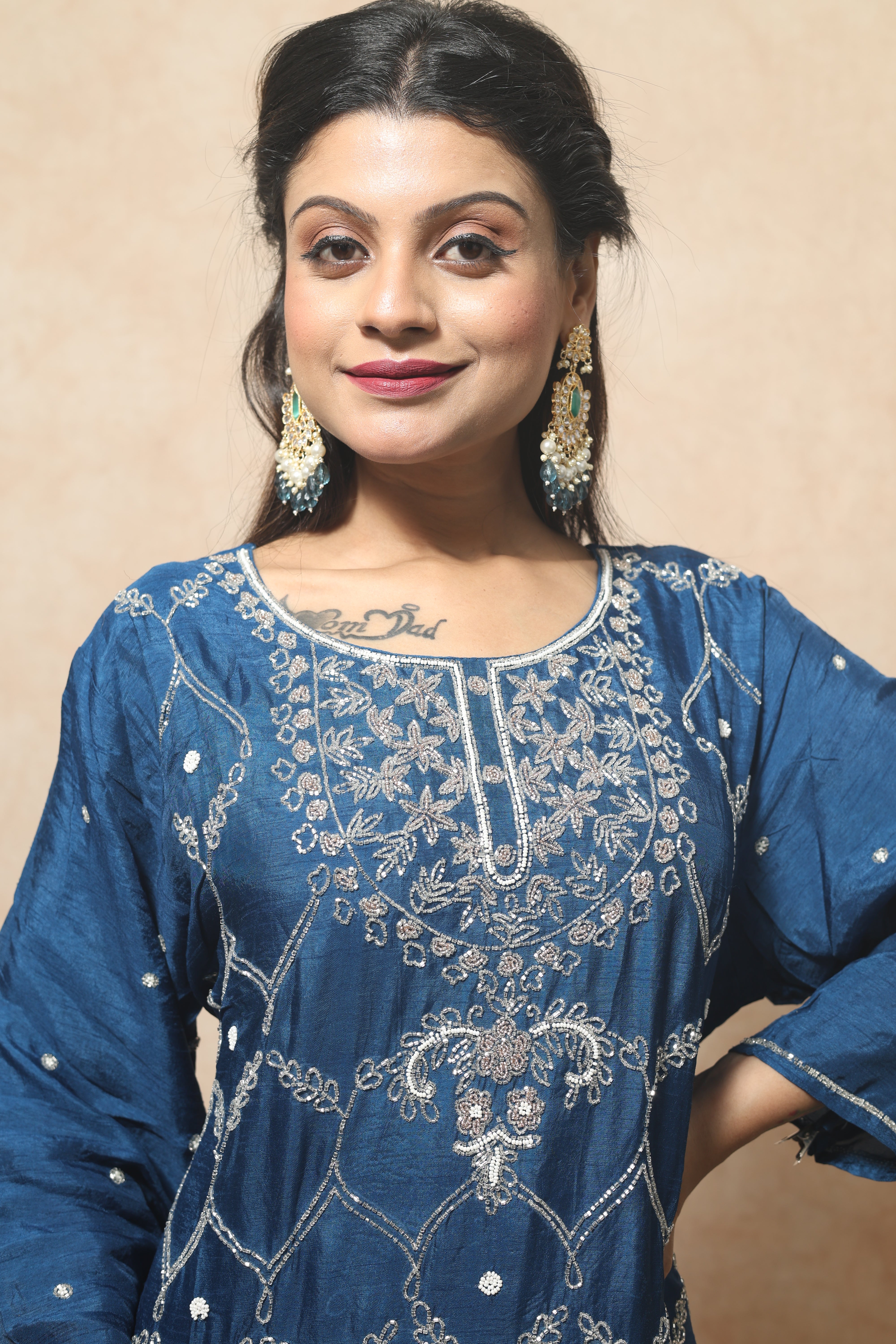 Royal Blue Handwork Dola Silk Suit Set