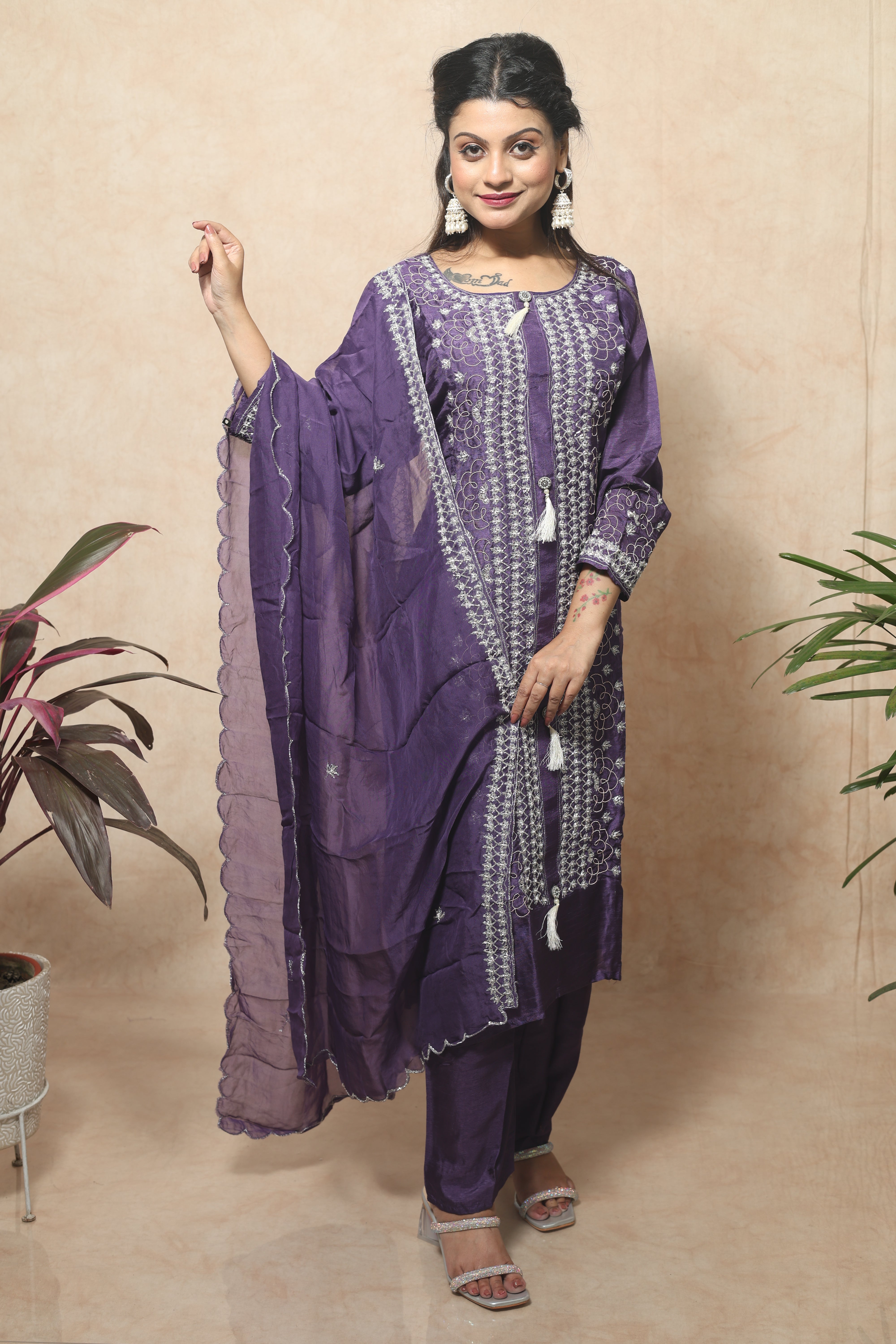 Dola Silk Handwork Purple Color Suit Set
